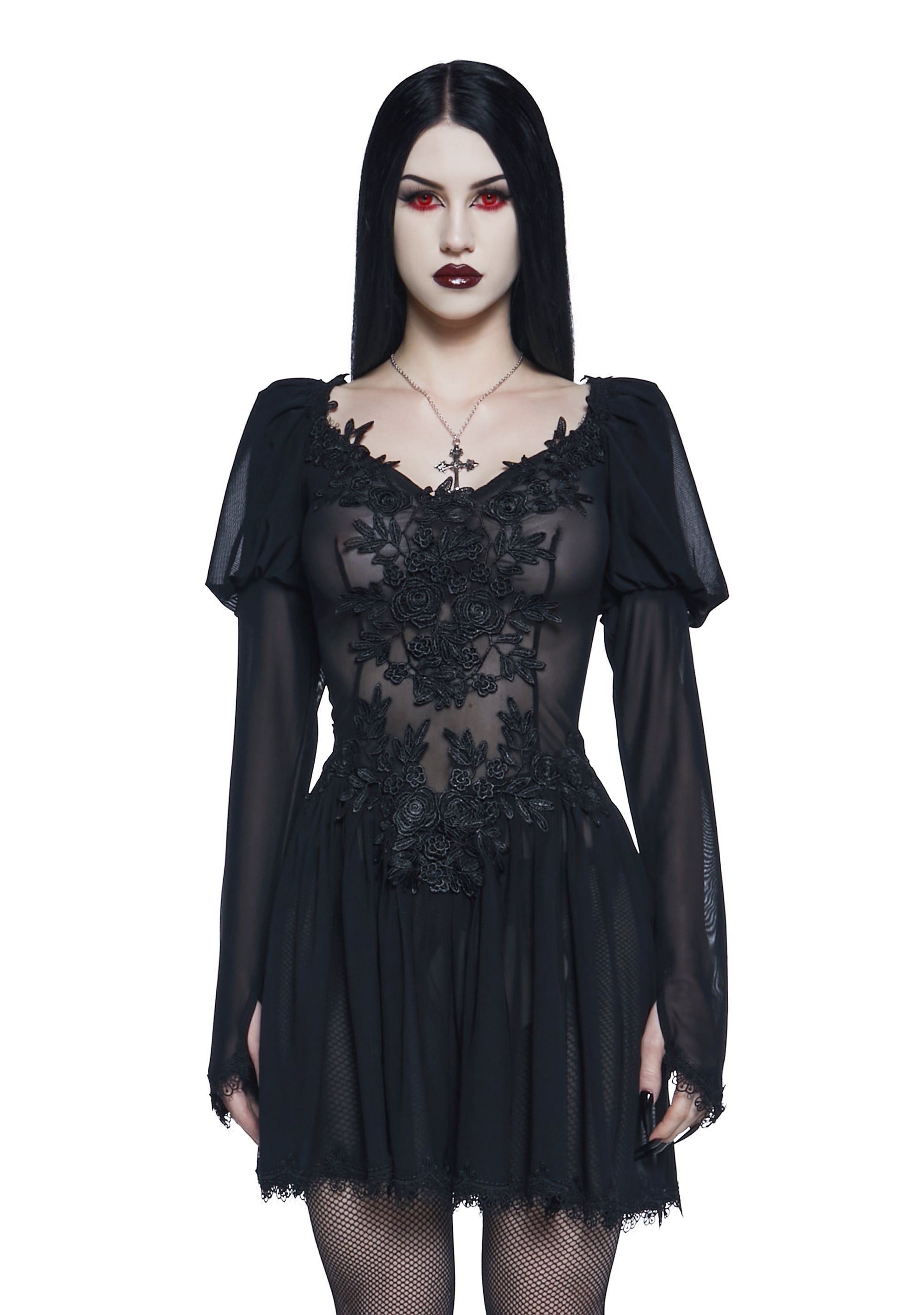 Widow Sheer Mesh Mini Dress With Floral Appliques Vampire - Black Dolls Kill Widow Sheer Mesh Mini Dress With Floral Appliques Vampire - Black Dolls Kill