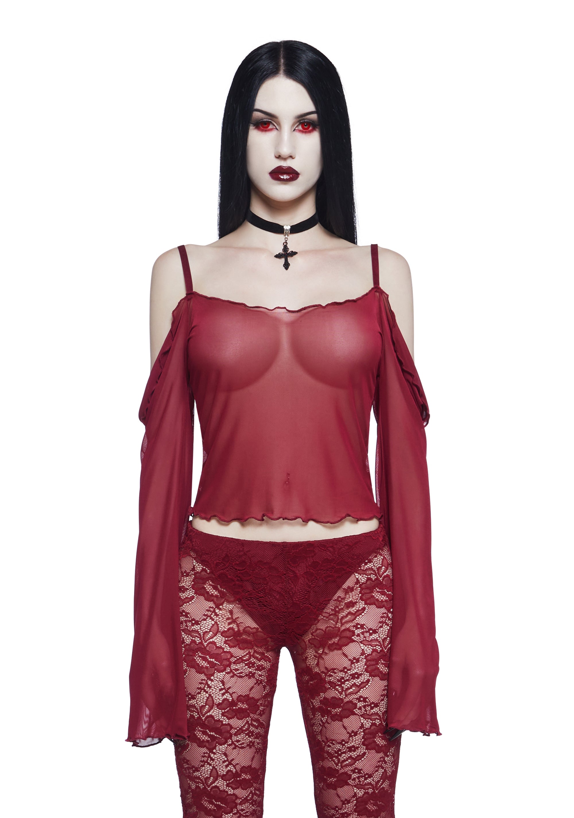 Widow Vampire Goth Sheer Chiffon Mesh Open Shoulder Long Bell