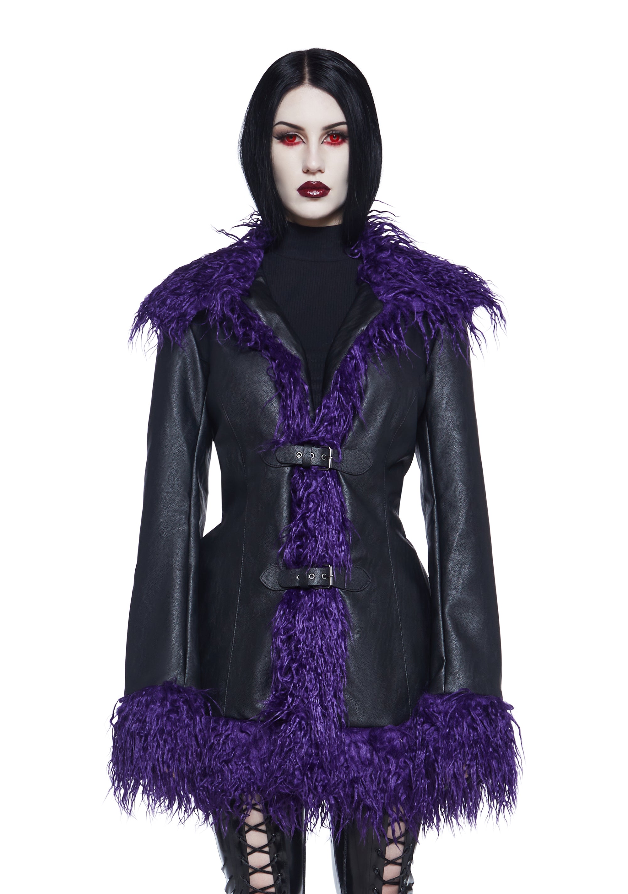 Widow Vegan Leather Jacket With Faux Fur Trim And Buckle Widow Vegan Leather Jacket With Faux Fur Trim And Buckle