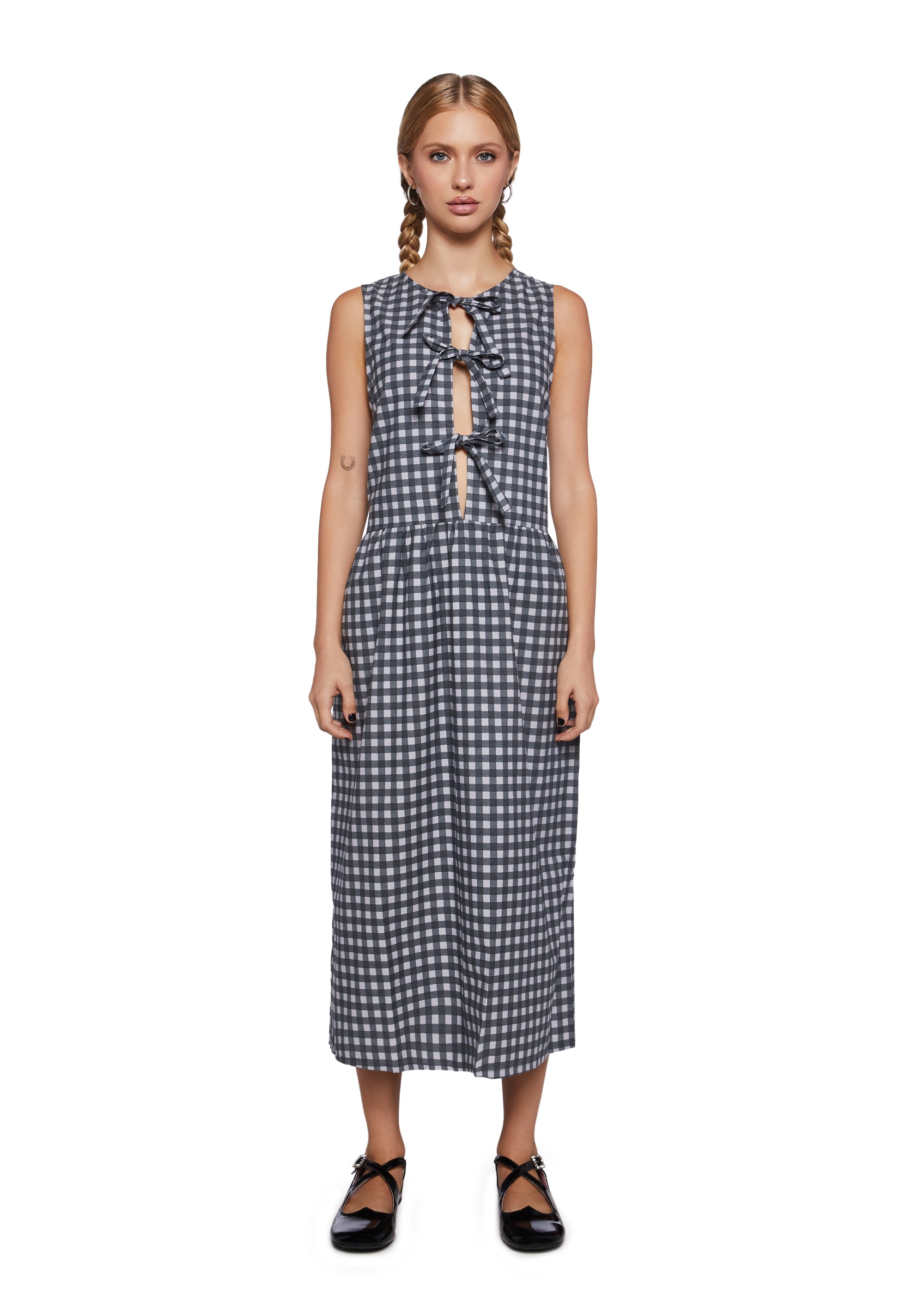 Motel Gingham Cotton Midi Dress - Black/White Dolls Kill Motel Gingham Cotton Midi Dress - Black/White Dolls Kill