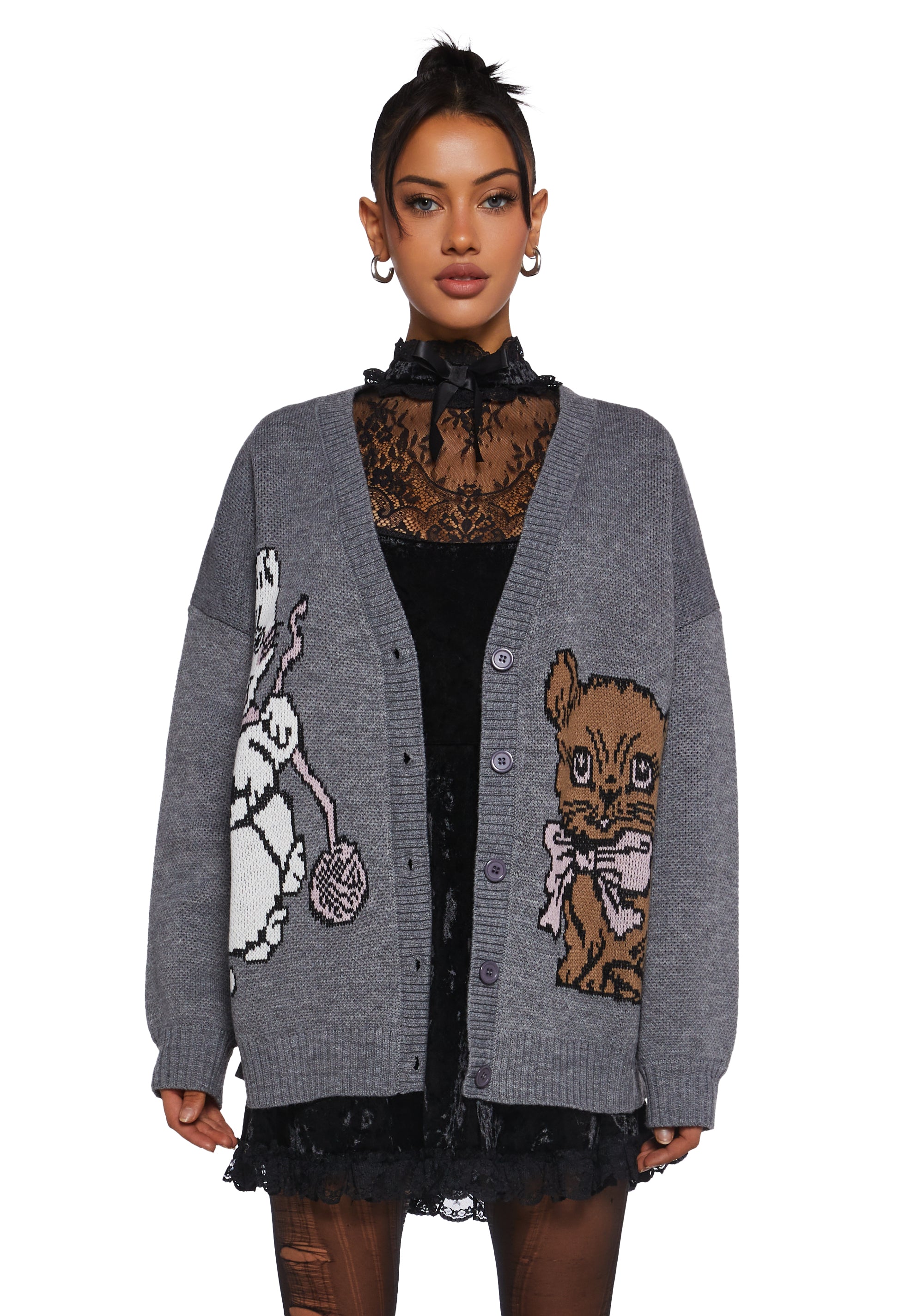 Kitty Cat Graphics Oversized Knit Cardigan Delia's - Gray – Dolls Kill
