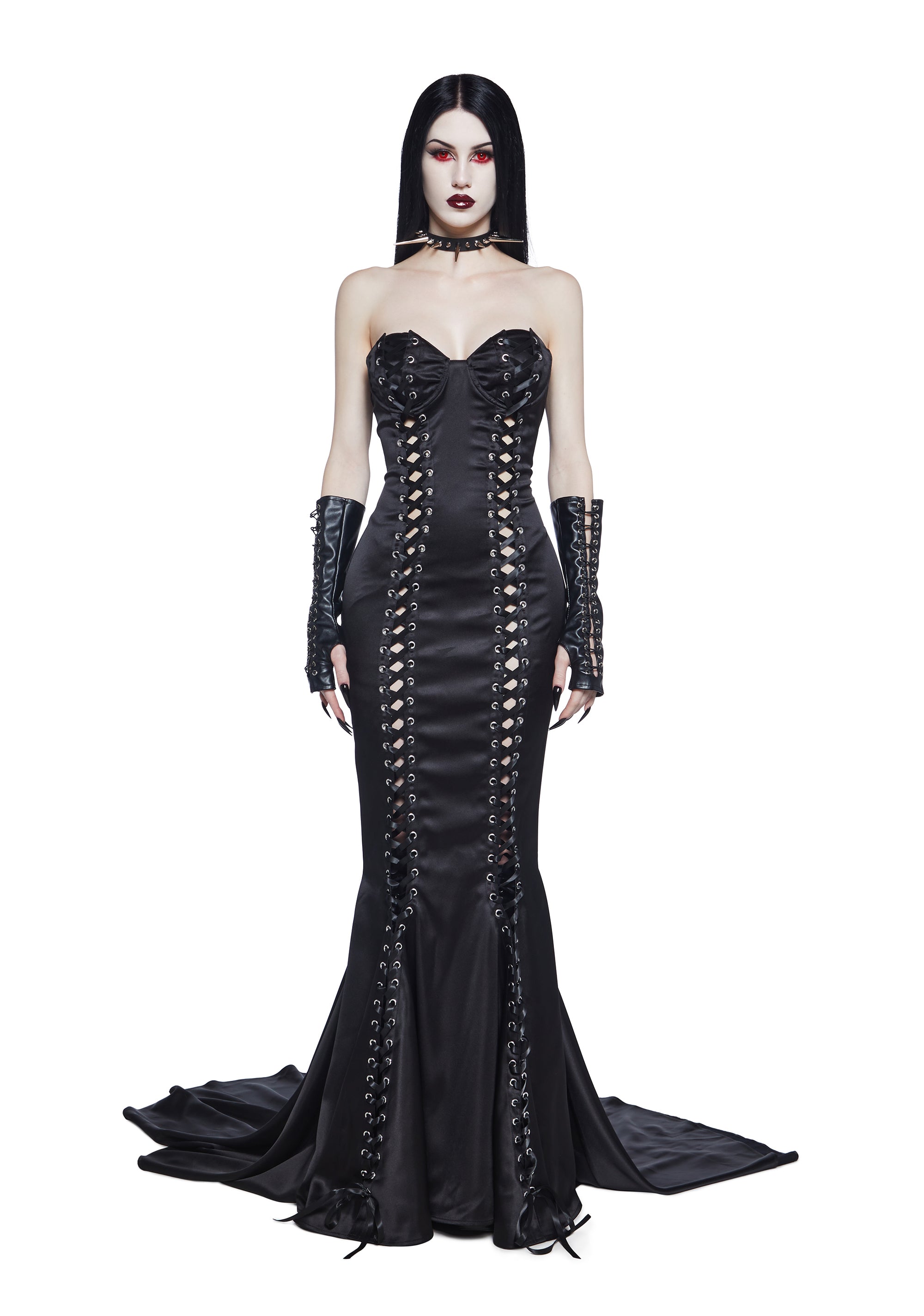 Unholy Satin Strapless Ribbon Lace-Up Maxi Dress - Black Dolls Kill Unholy Satin Strapless Ribbon Lace-Up Maxi Dress - Black Dolls Kill