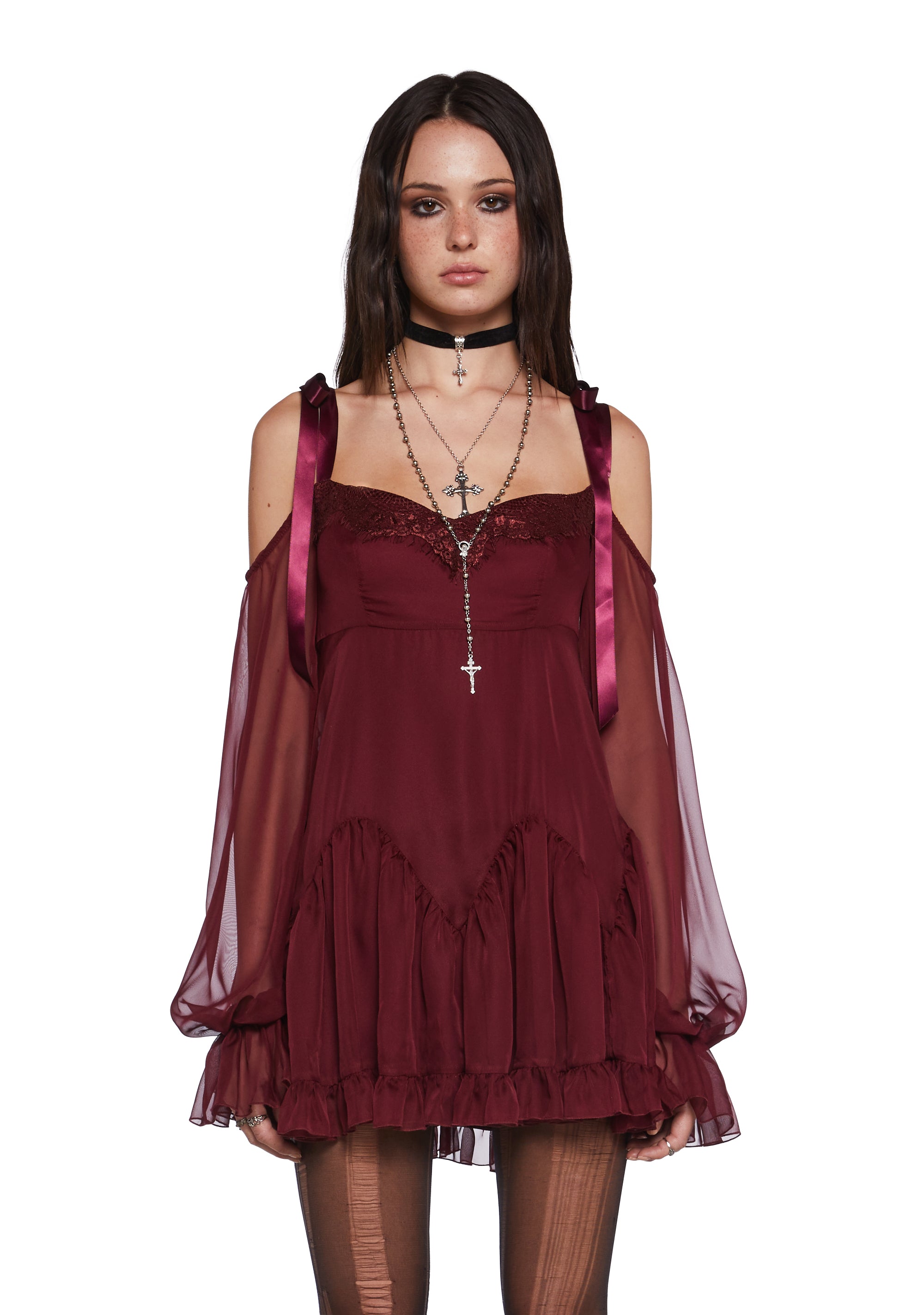 Chiffon Off The Shoulder Mini Dress With Satin Ribbon Ties Current Mood -  Red