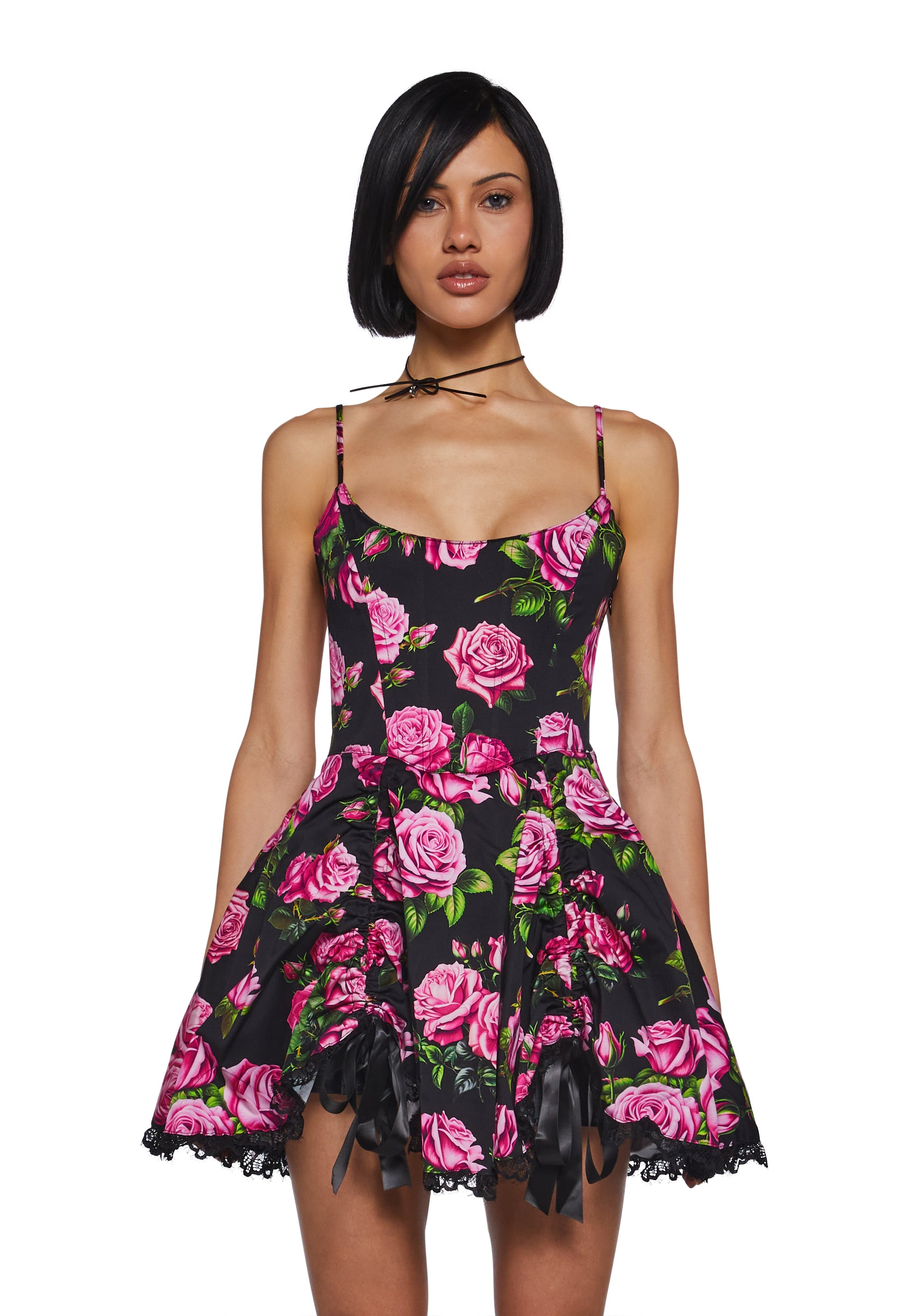 Floral Rose Print Twill Taffeta Tie Mini Dress Sugar Thrillz