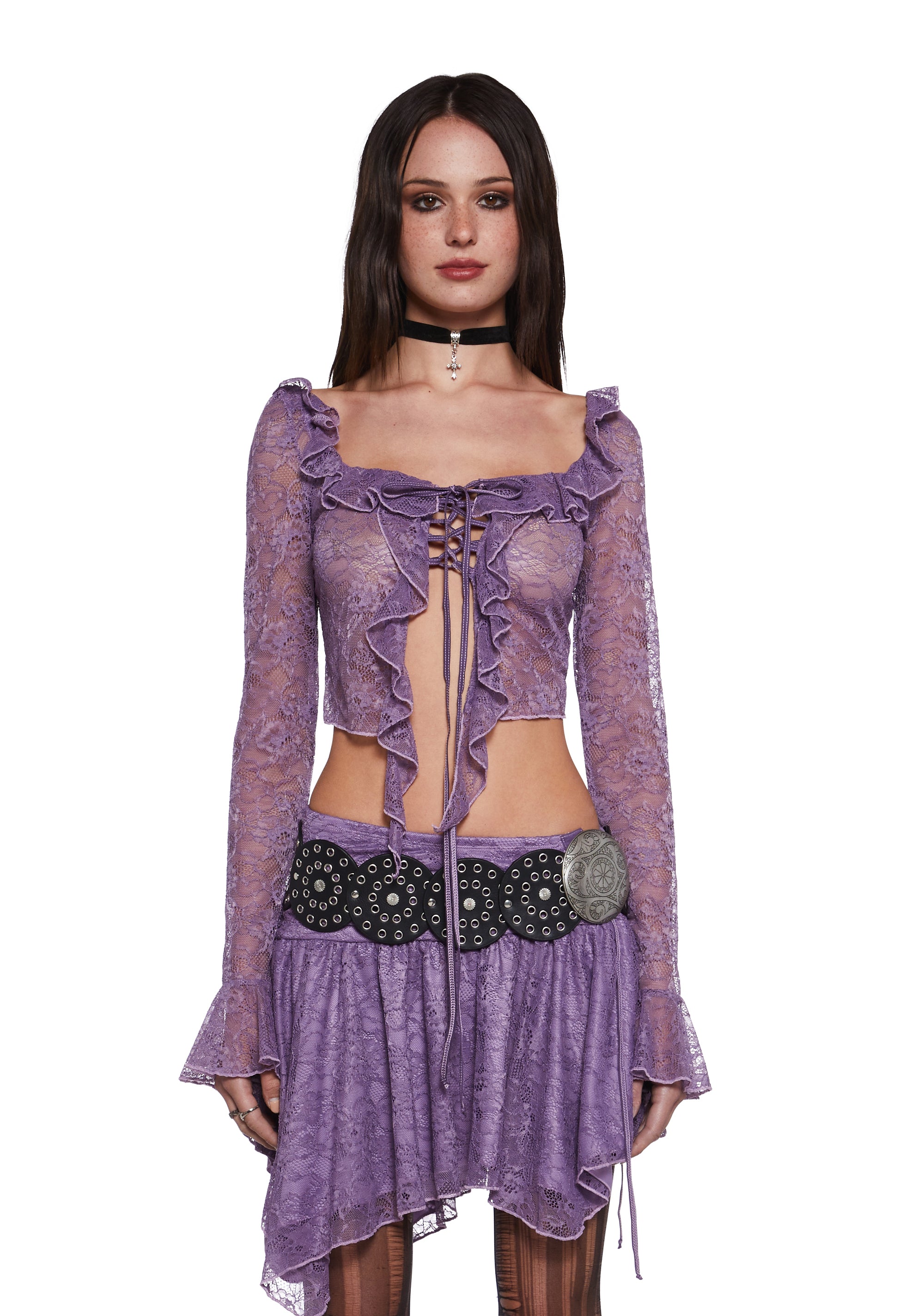 Sheer Floral Lace Long Sleeve Ruffled Crop Top Current Mood Purple