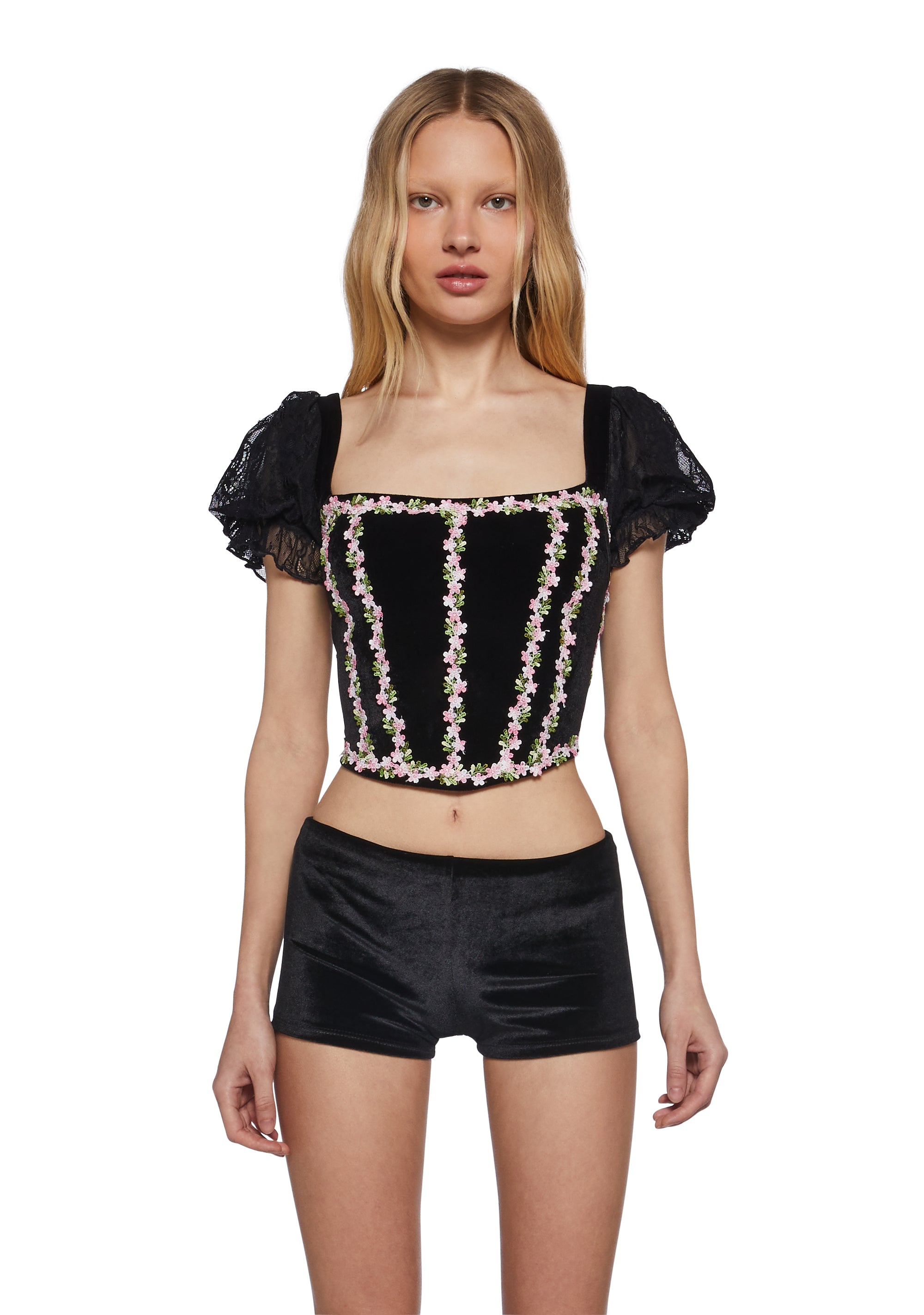 Fairytale Velvet Sheer Floral Lace Short Sleeve Corset Top Sugar