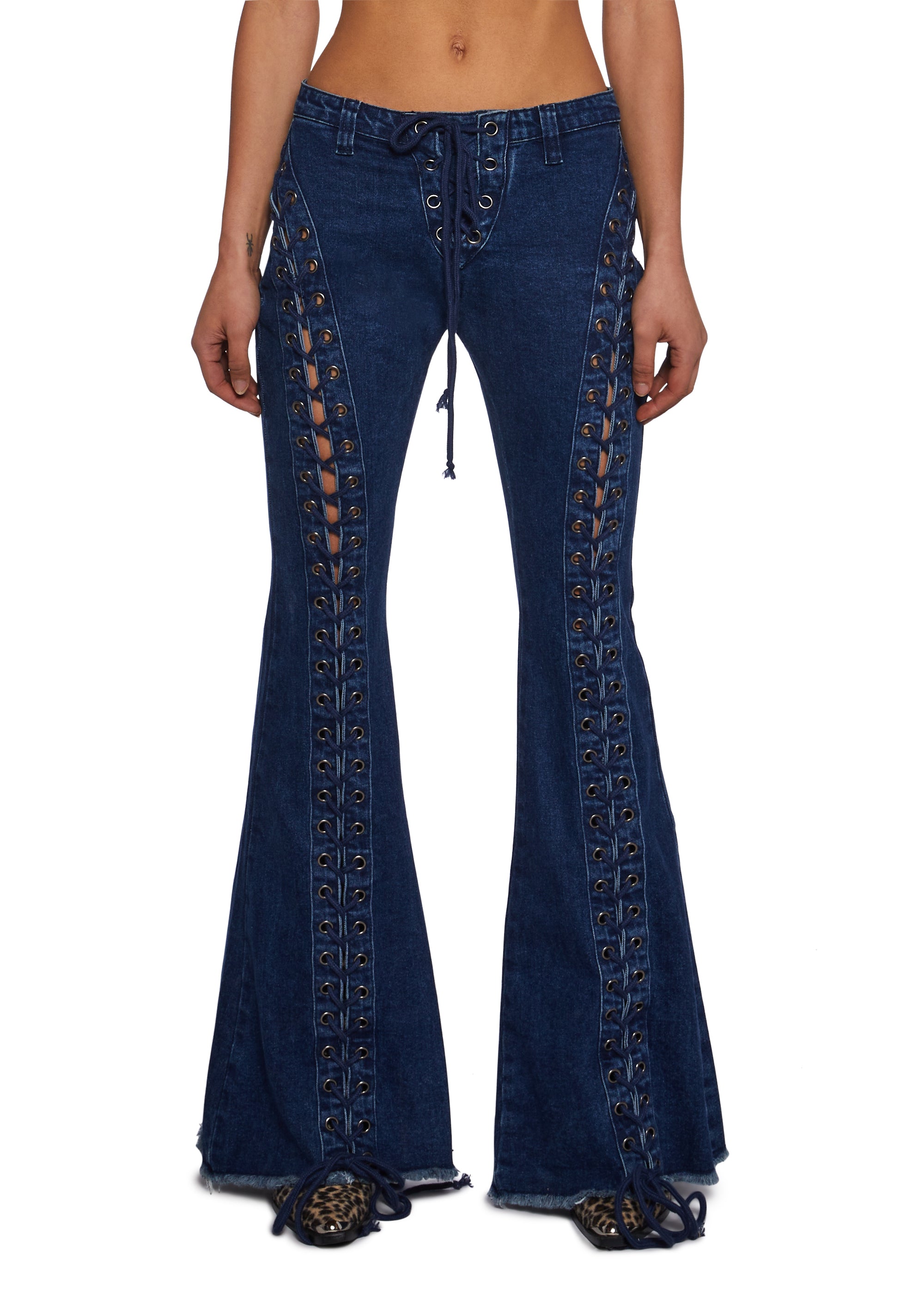 Flared Denim Lace Up Pants Jeans Current Mood Blue – Dolls Kill