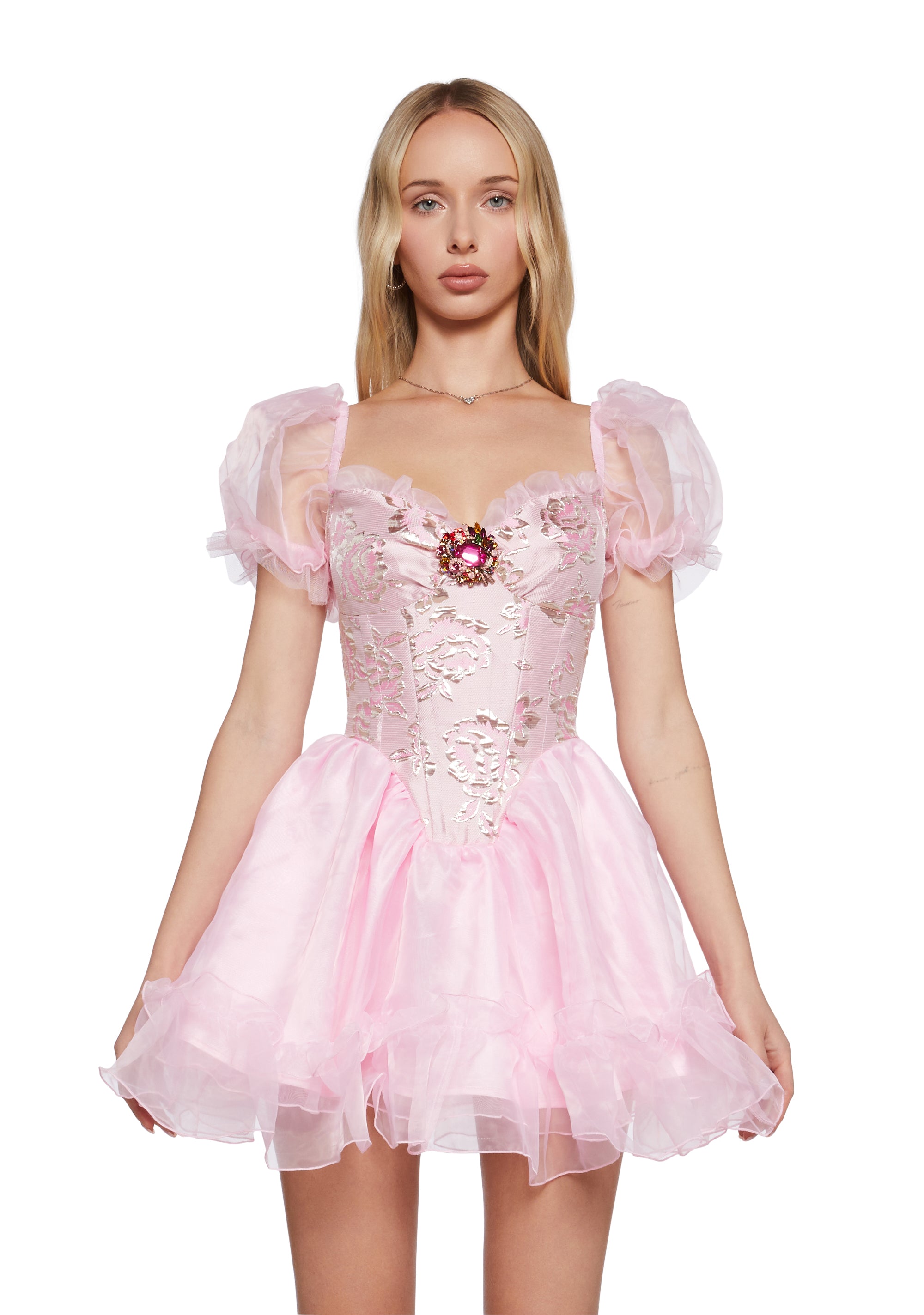 Brocade Organza Lace-Up Shorty Puff Sleeve Mini Dress Sugar