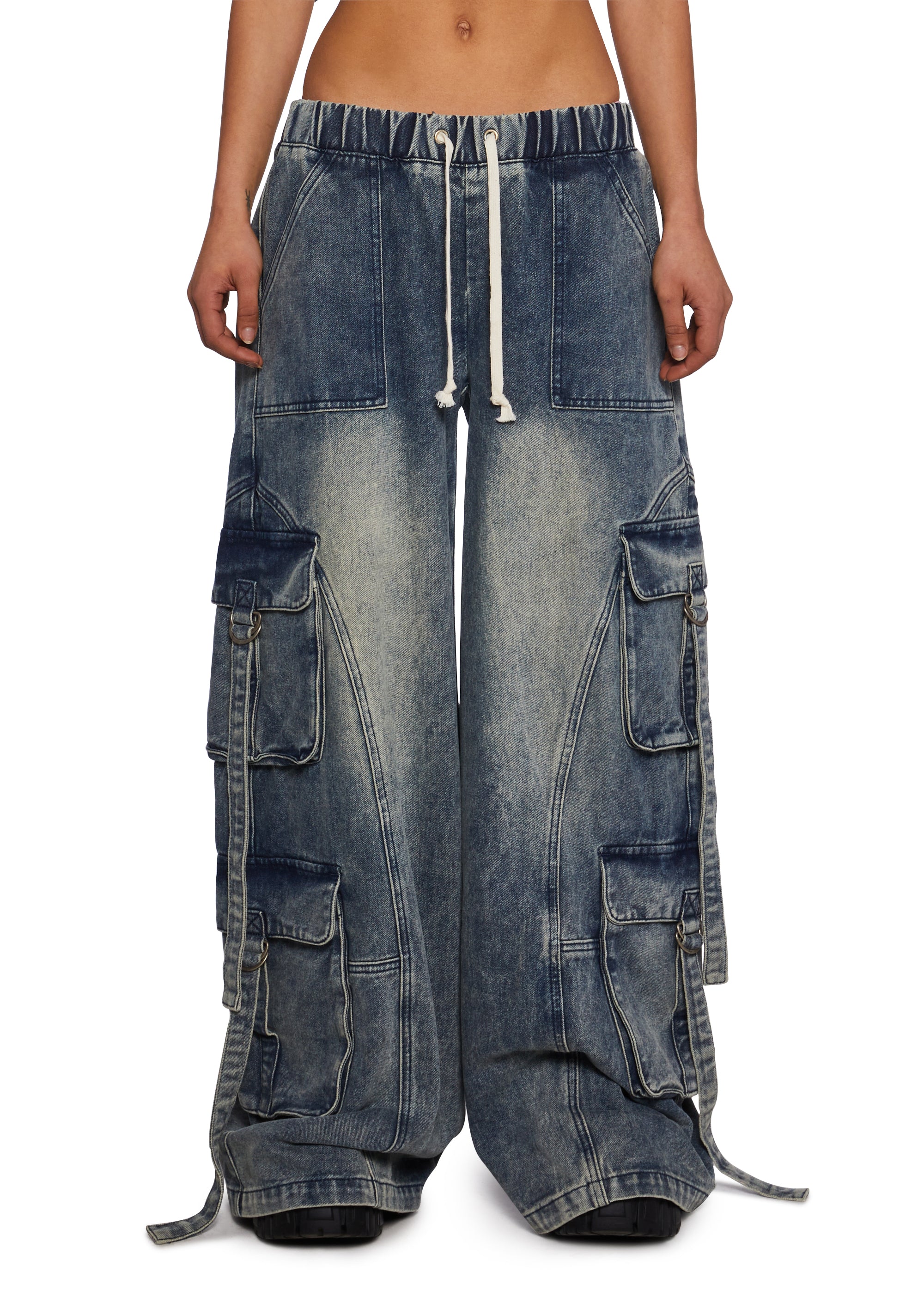 Washed Denim Baggy Wide Leg Cargo Pants Delia's - Blue