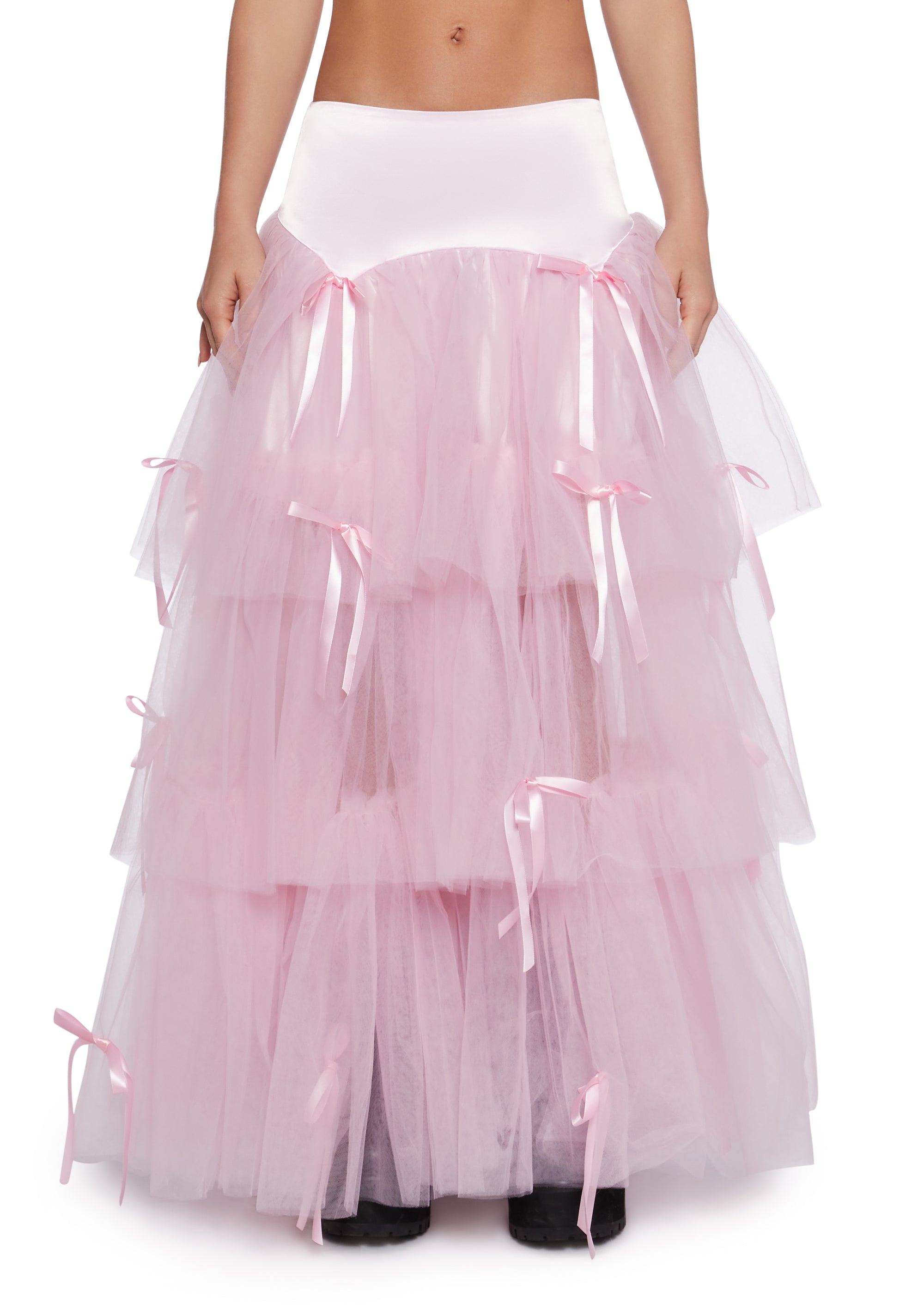 Layered Ruffled Tulle Satin Ribbon Maxi Skirt Sugar Thrillz Pink