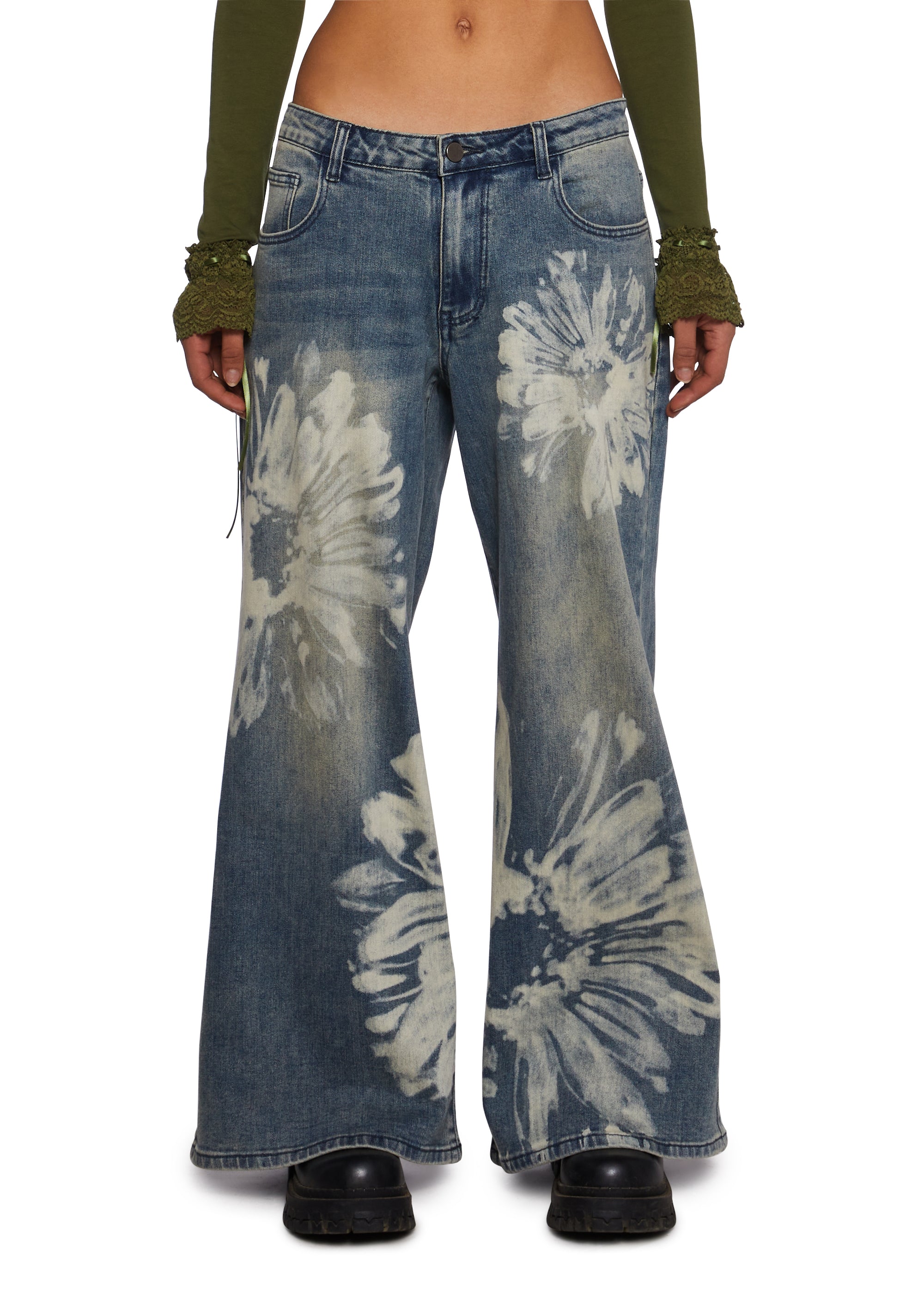 Floral Bleached Wide Leg Jeans Current Mood Blue – Dolls Kill