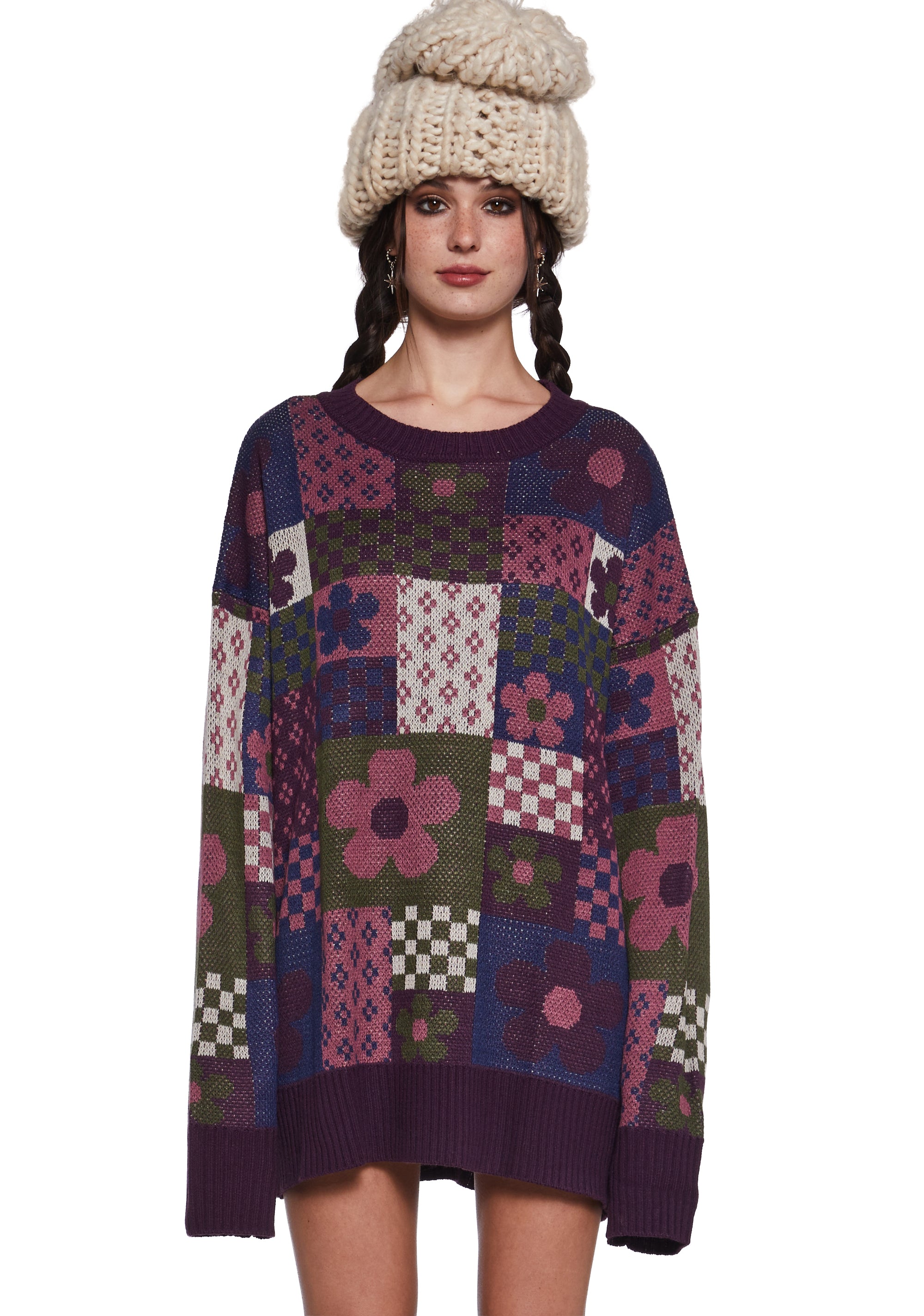 Floral Checkered Knit V Neck Sweater S-L / 1X-3X