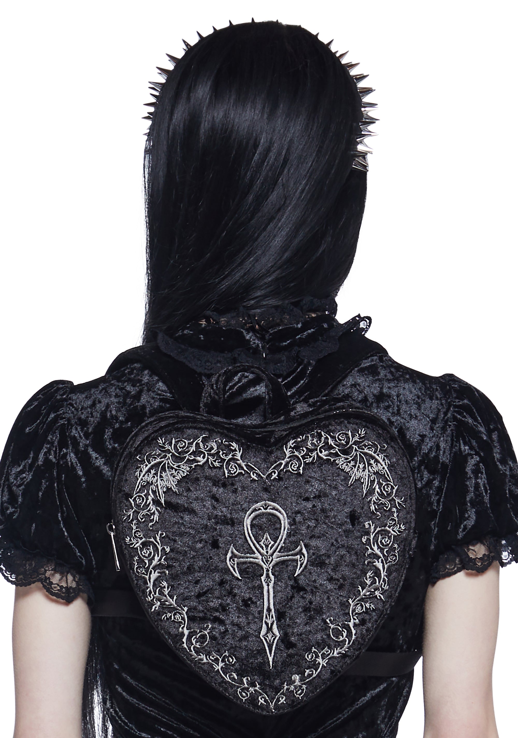 Widow Vampire Goth Velvet Heart Embroidered Ankh Batwing Vine Mini Backpack 