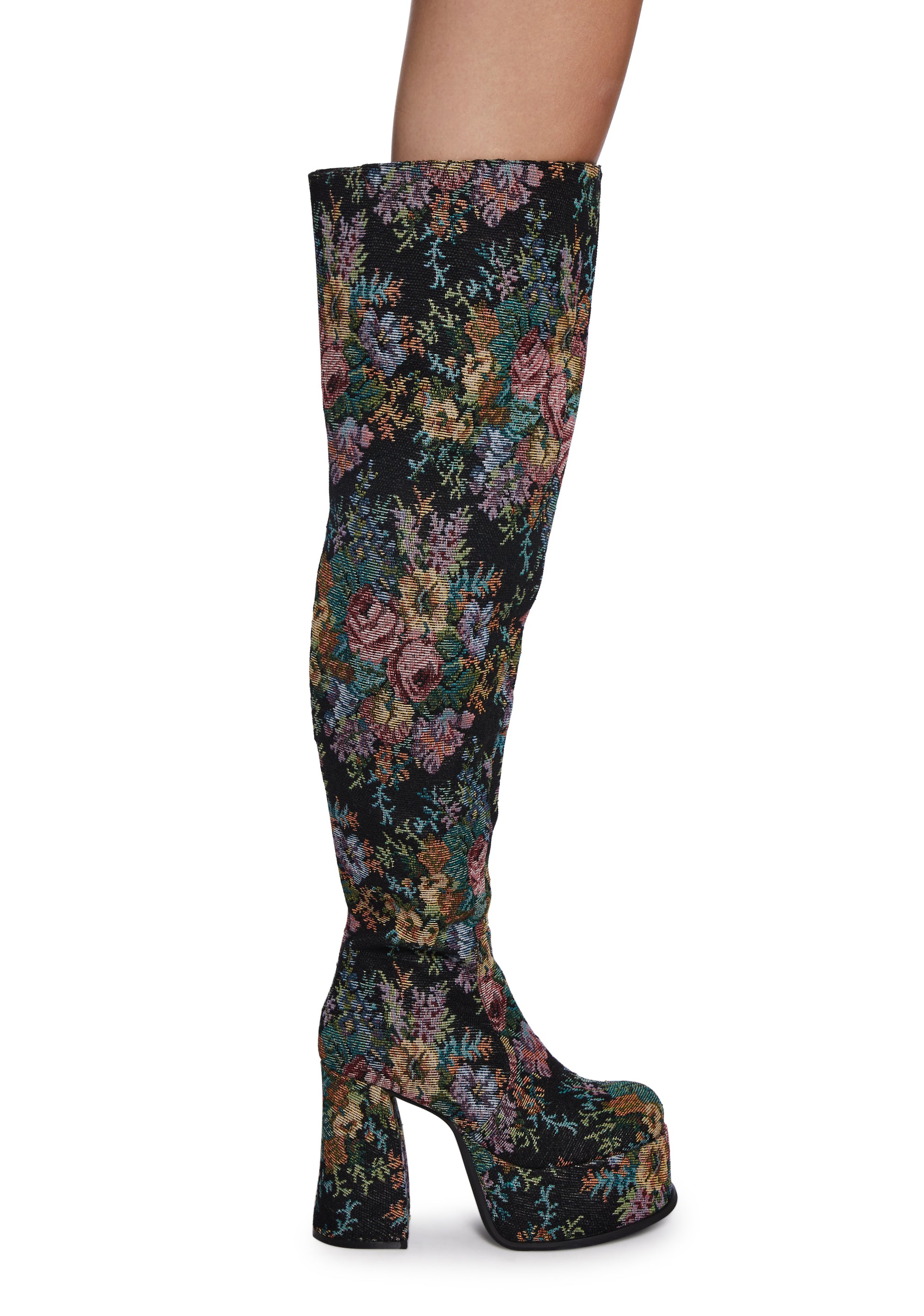 Floral Tapestry Jacquard Platform Thigh High Boots Current Mood