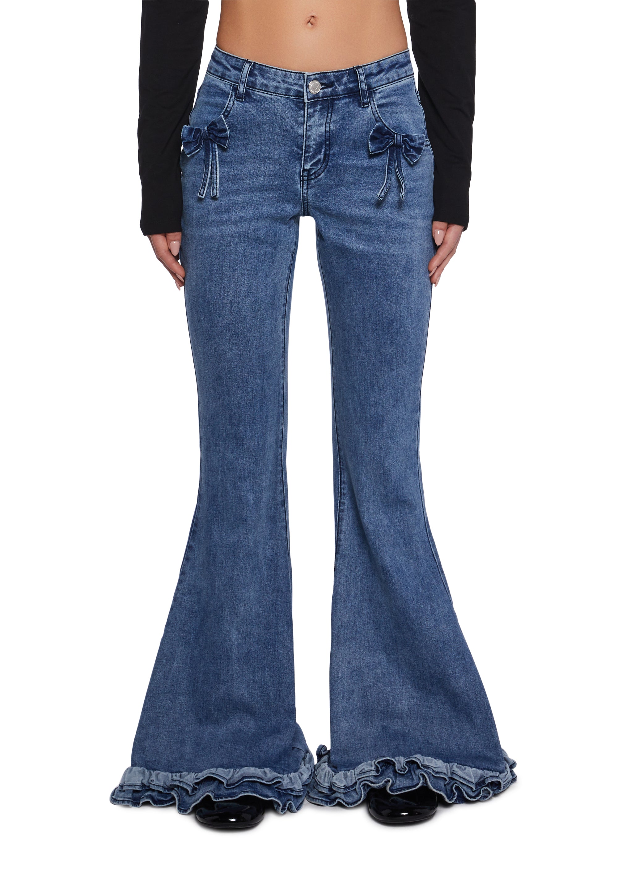 Bow Applique Flared Denim Jeans Pants Princess Core Sugar