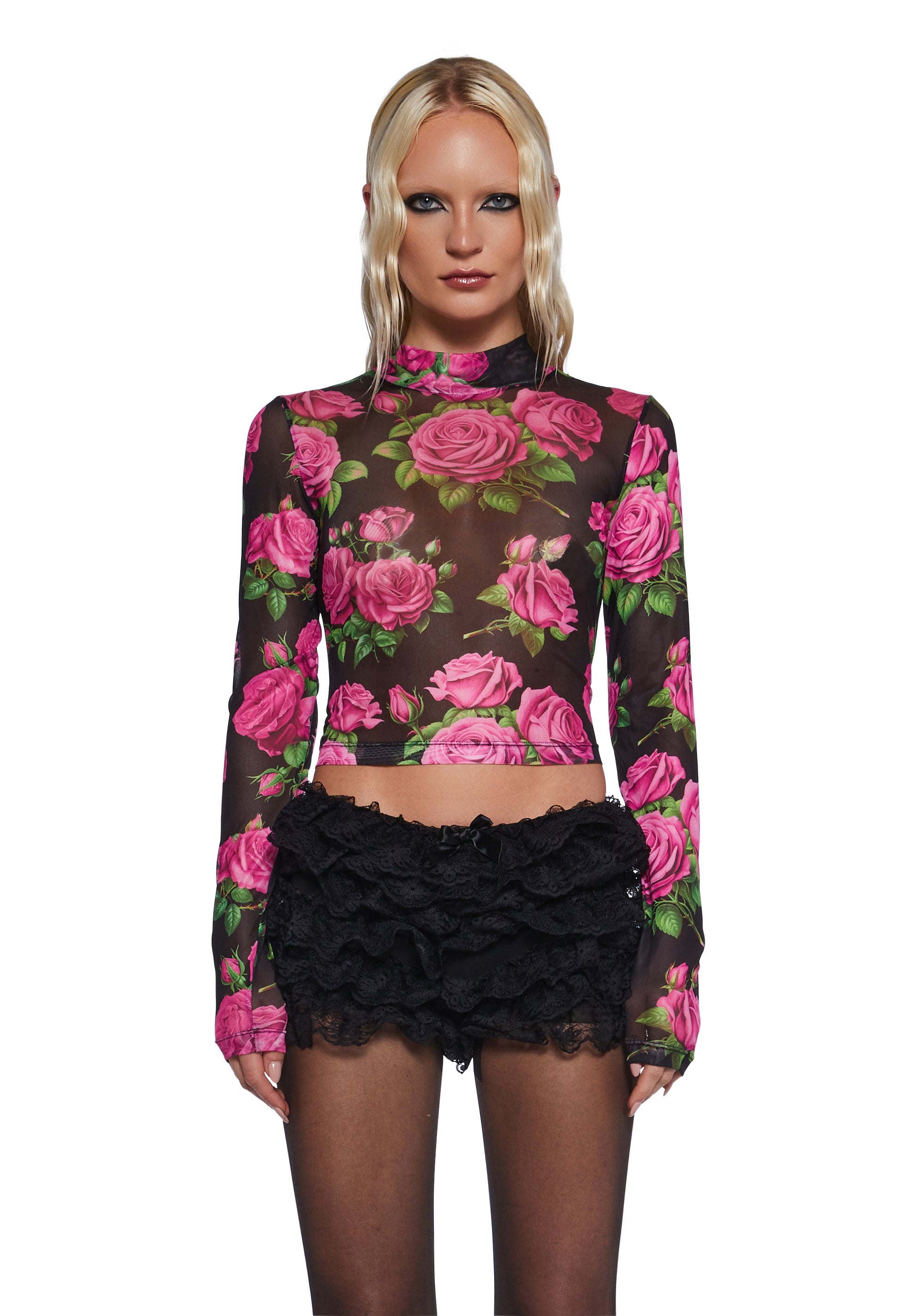 Stretchy Sheer Rose Print Mock Neck Long Sleeve Top Multi Dolls Kill