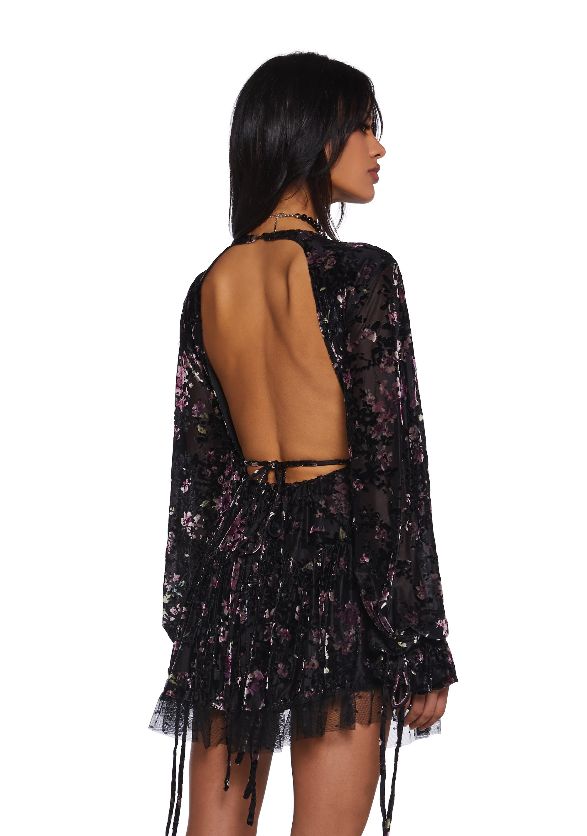 dreamy long sleeve mini dress Current Mood Floral Flocked Velvet Mini Long Sleeves Dress