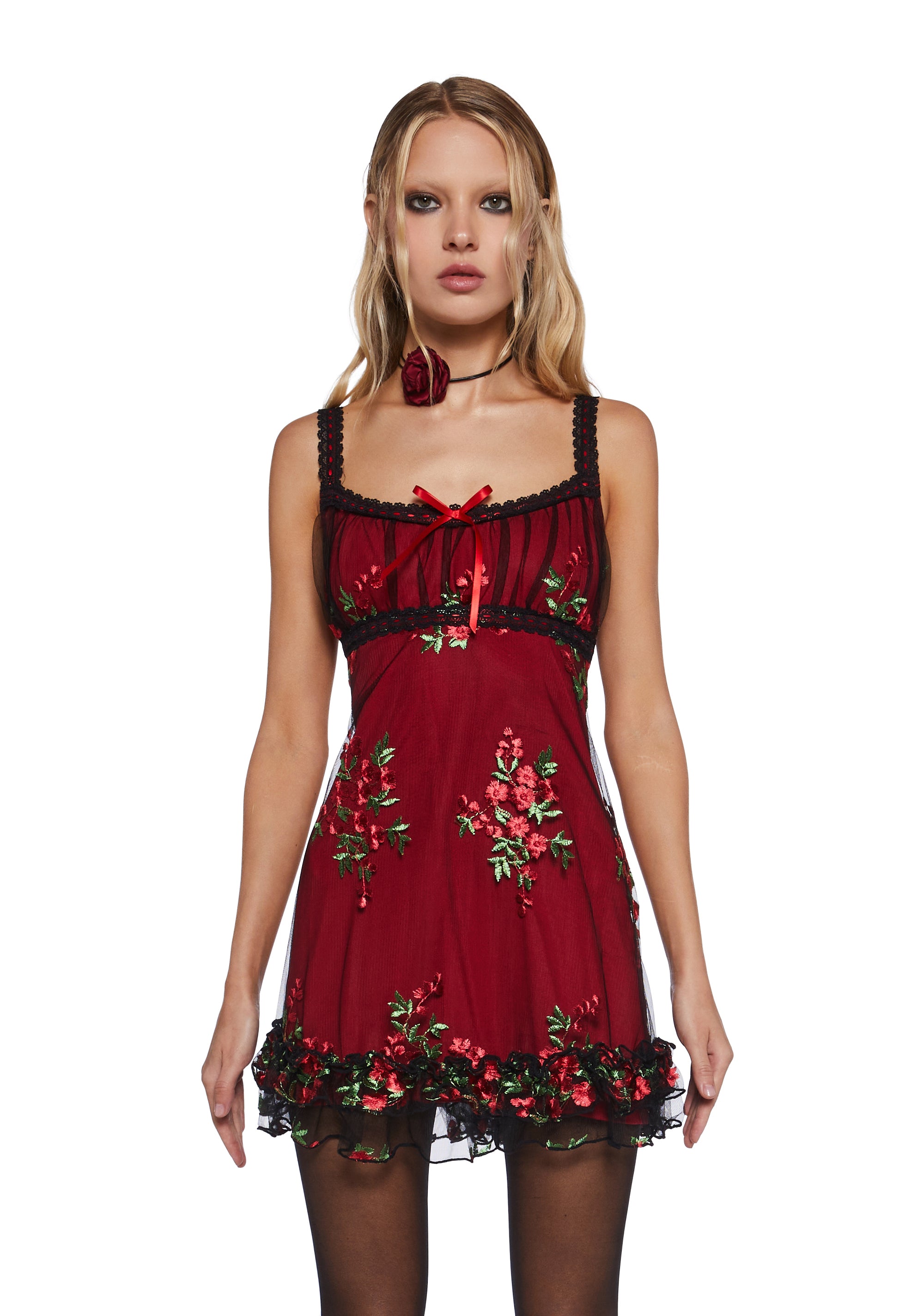 Mesh Overlay Tank Dress With Embroidered Floral Designs