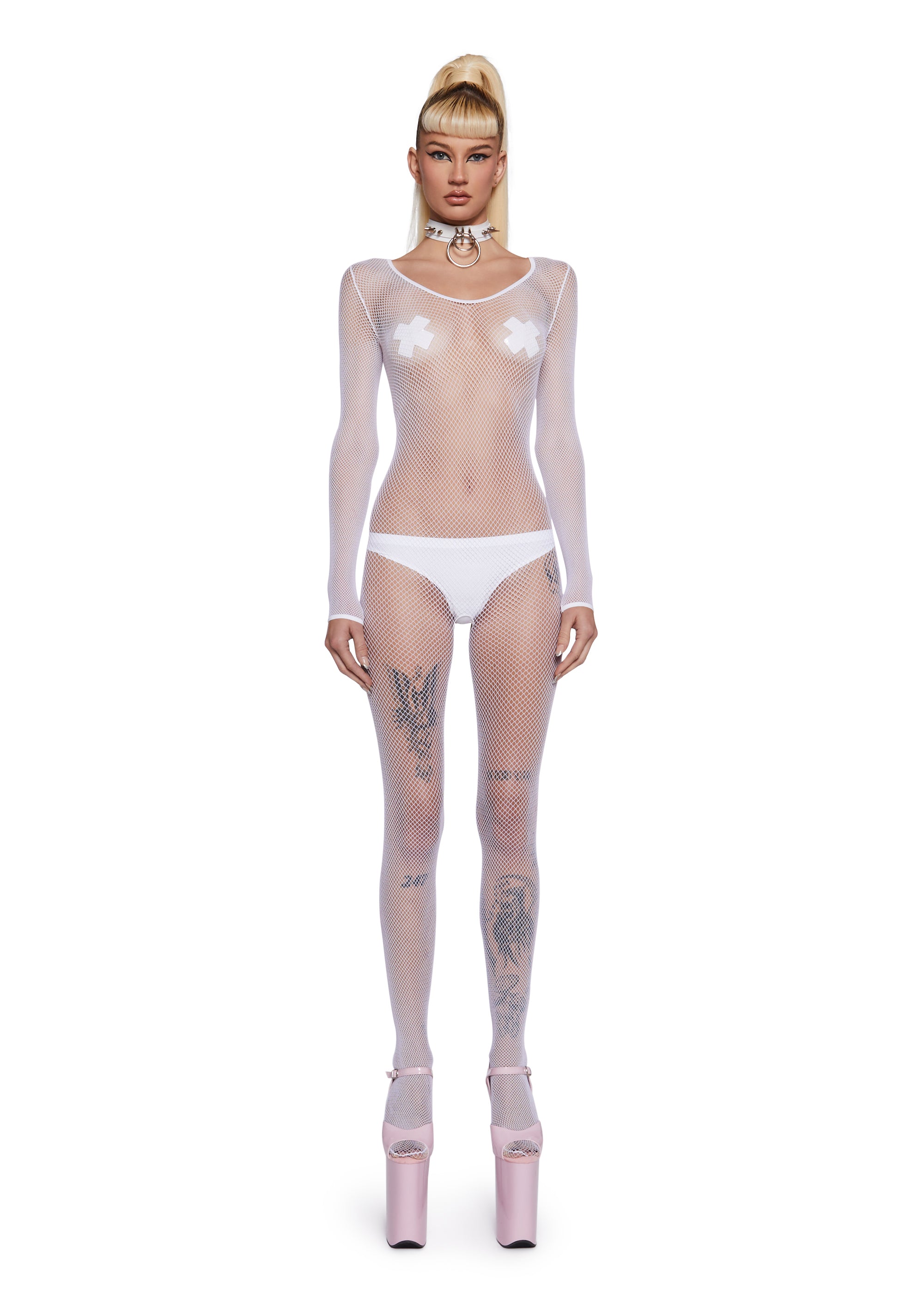 Stretchy Sheer Fishnet Mesh Crotchless Long Sleeve Body Stocking - White Dolls Kill Stretchy Sheer Fishnet Mesh Crotchless Long Sleeve Body Stocking - White Dolls Kill