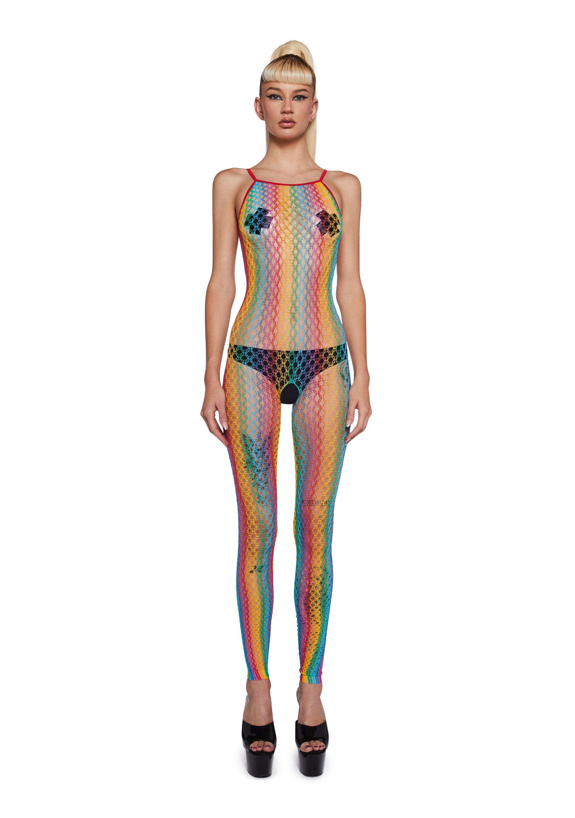 Stretchy Sheer Fishnet Mesh Crotchless Spaghetti Strap Body Stocking - Rainbow Dolls Kill Stretchy Sheer Fishnet Mesh Crotchless Spaghetti Strap Body Stocking - Rainbow Dolls Kill
