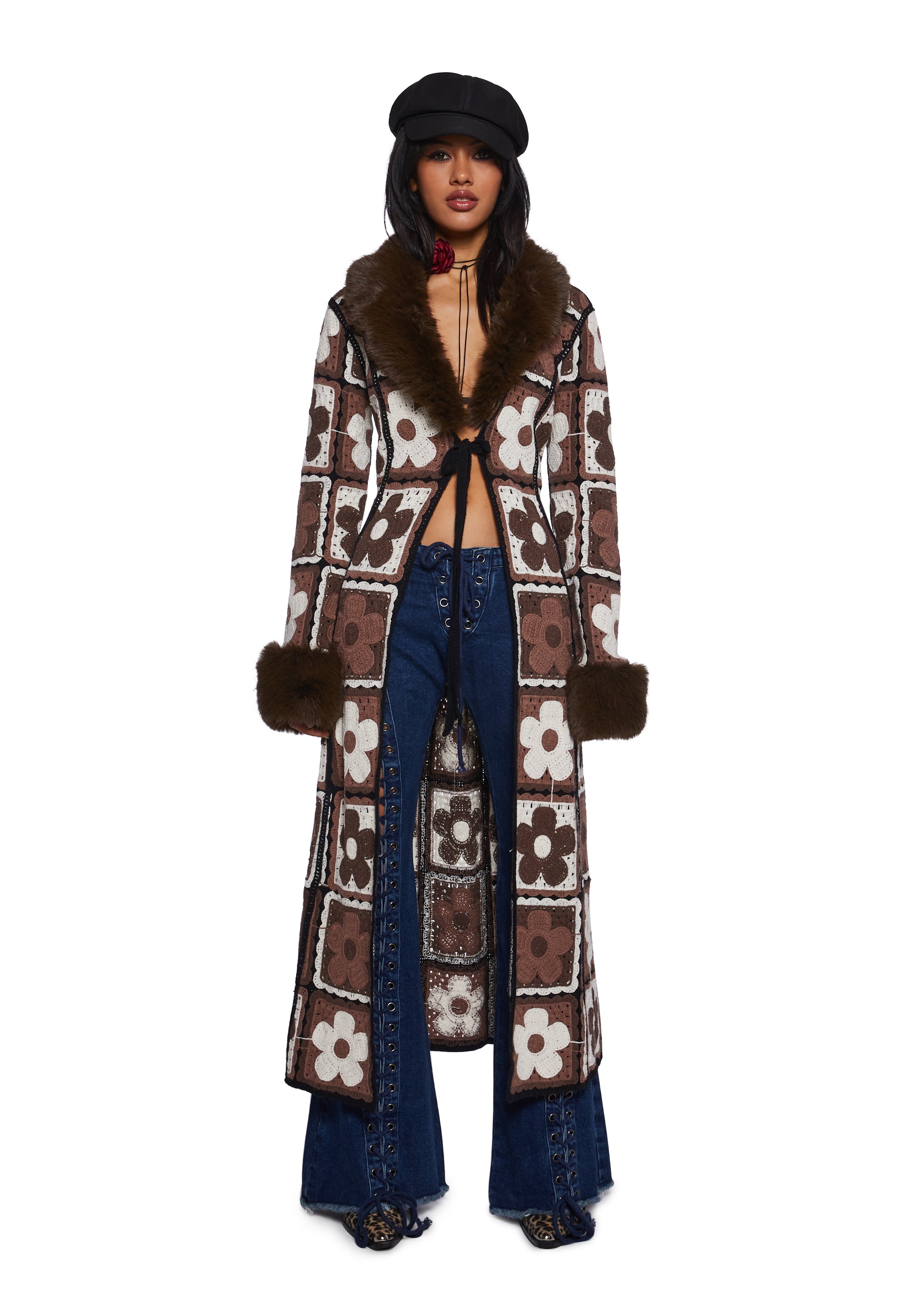 Current Mood Boho Daisy Granny Crochet Faux Fur Trim Long Cardigan