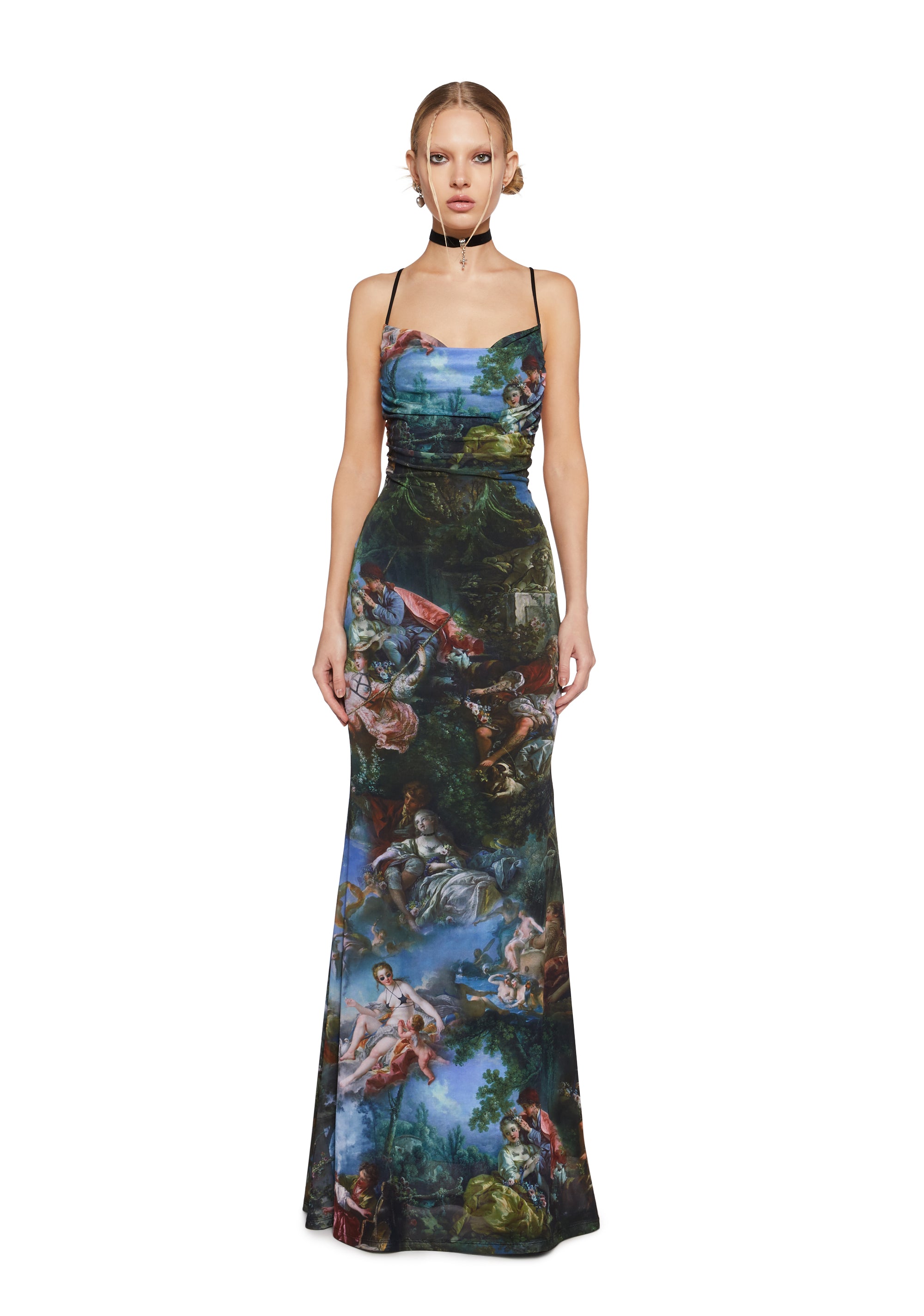 Renaissance AOP Print Mesh Cowl Neck Maxi Dress Current Mood - Multi Dolls Kill Renaissance AOP Print Mesh Cowl Neck Maxi Dress Current Mood - Multi Dolls Kill