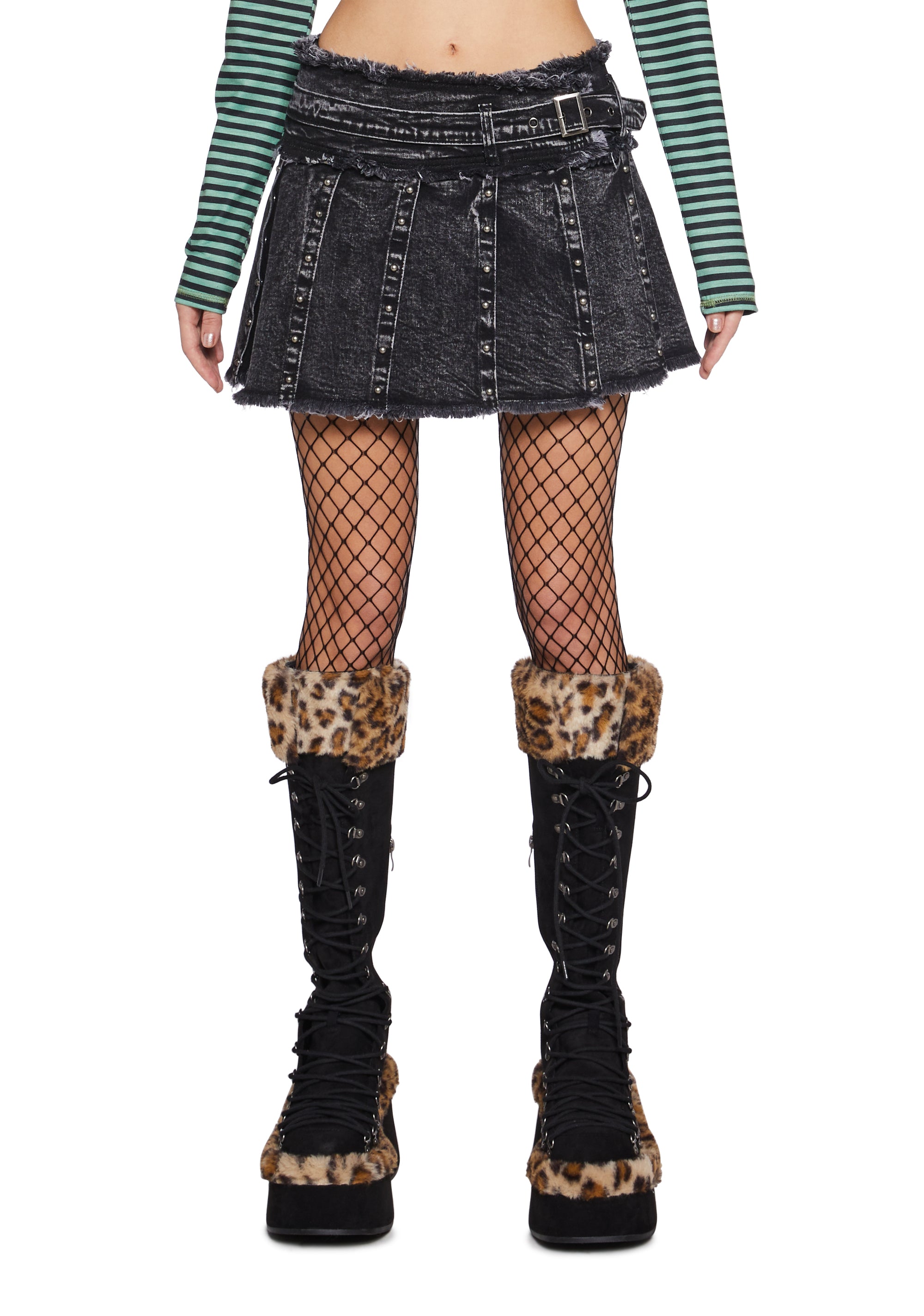 Acid Wash Denim Pleated Belted Studded Mini Skirt Current