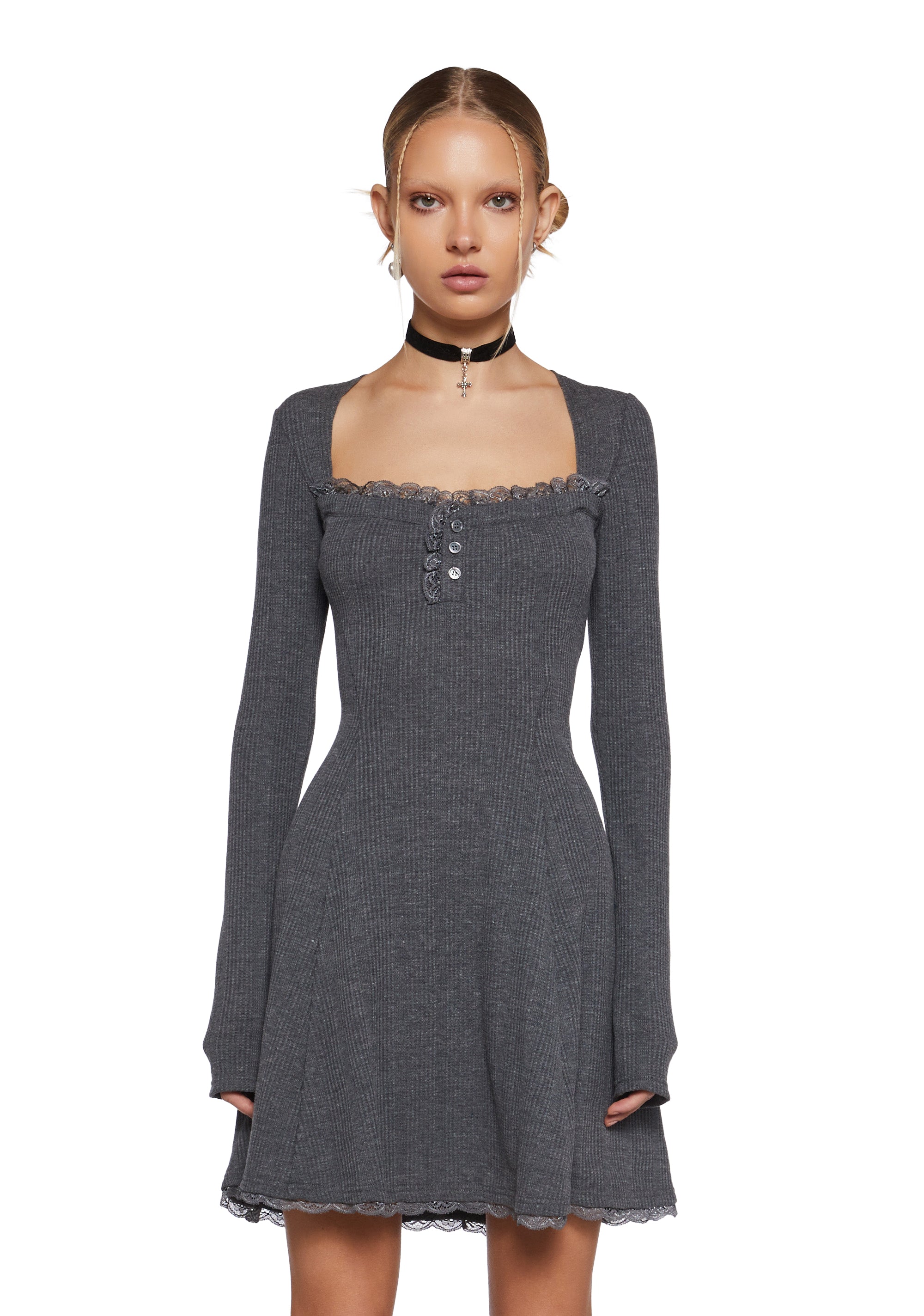 Thermal Long Sleeve Lace Mini Dress Delia's Mid Century Date Thermal