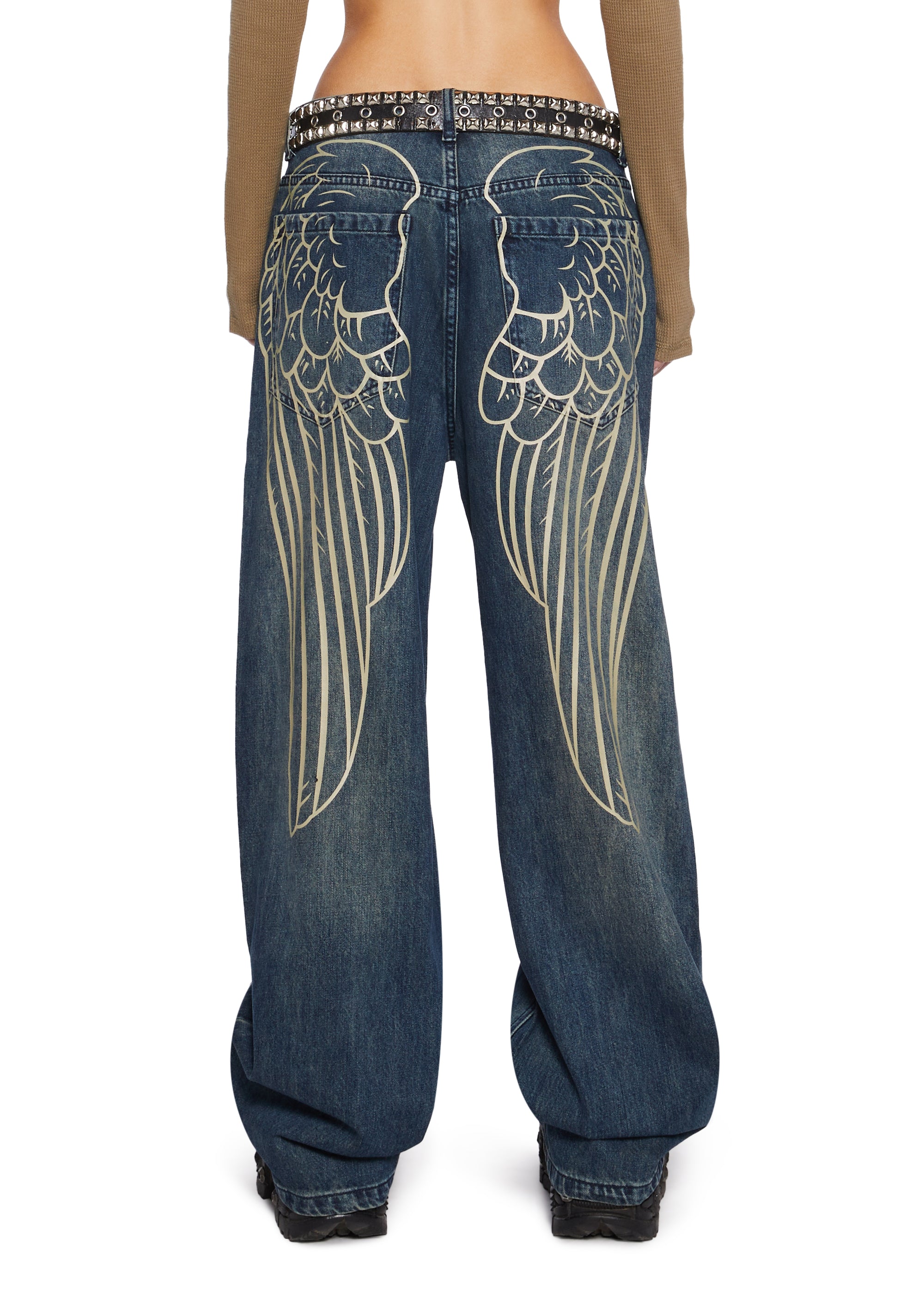 Womens Angel Wing Graphic Print Jeans Current Mood Blue Dolls Kill