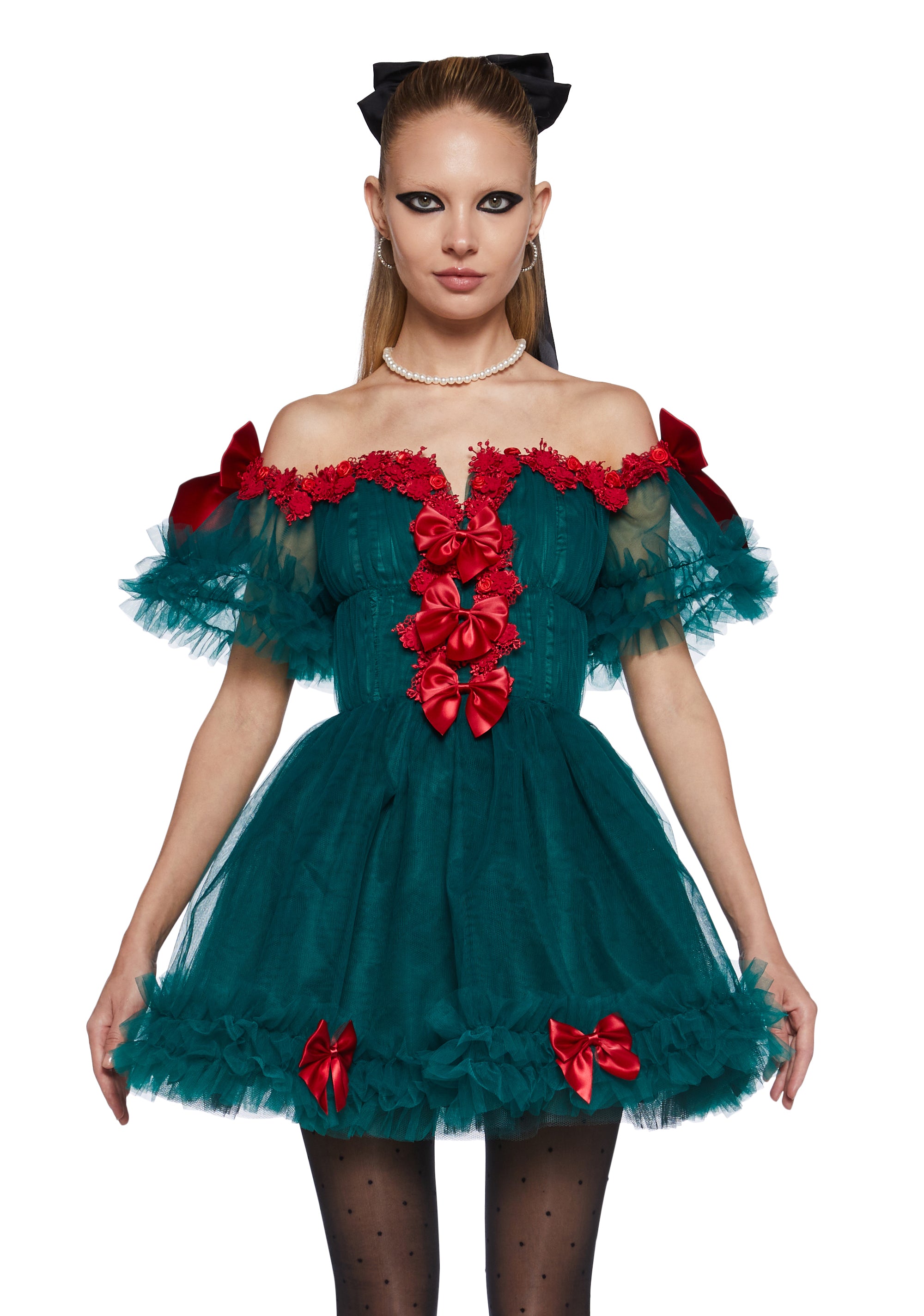 Womens Tulle Off The Shoulder Mini Dress With Bows Christmas Sugar Thrillz - Green Womens Tulle Off The Shoulder Mini Dress With Bows Christmas Sugar Thrillz - Green