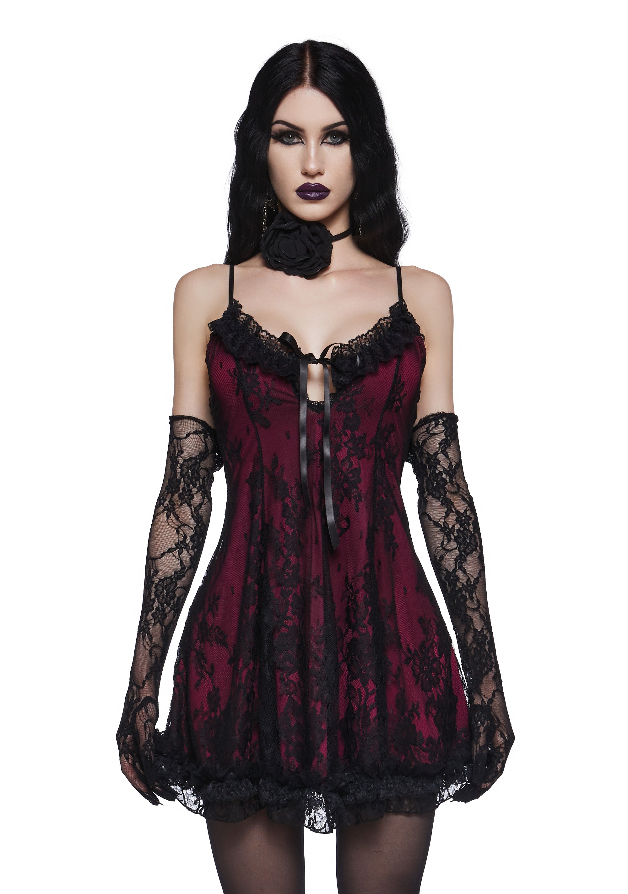 Ruffled Lace Mini Dress Widow - Dark Red Dolls Kill Ruffled Lace Mini Dress Widow - Dark Red Dolls Kill