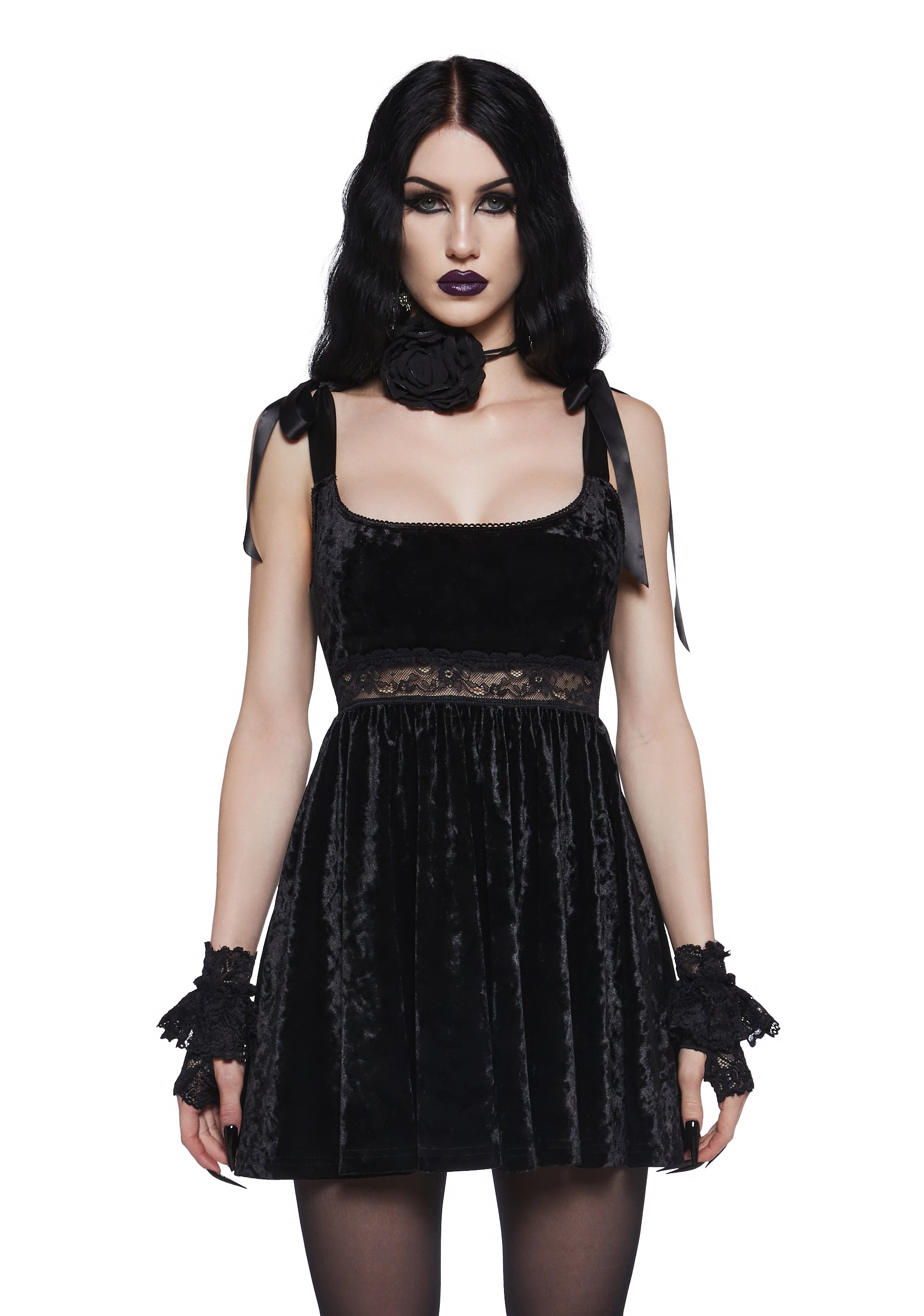 Velvet Sheer Lace Ribbon Straps Babydoll Dress Widow