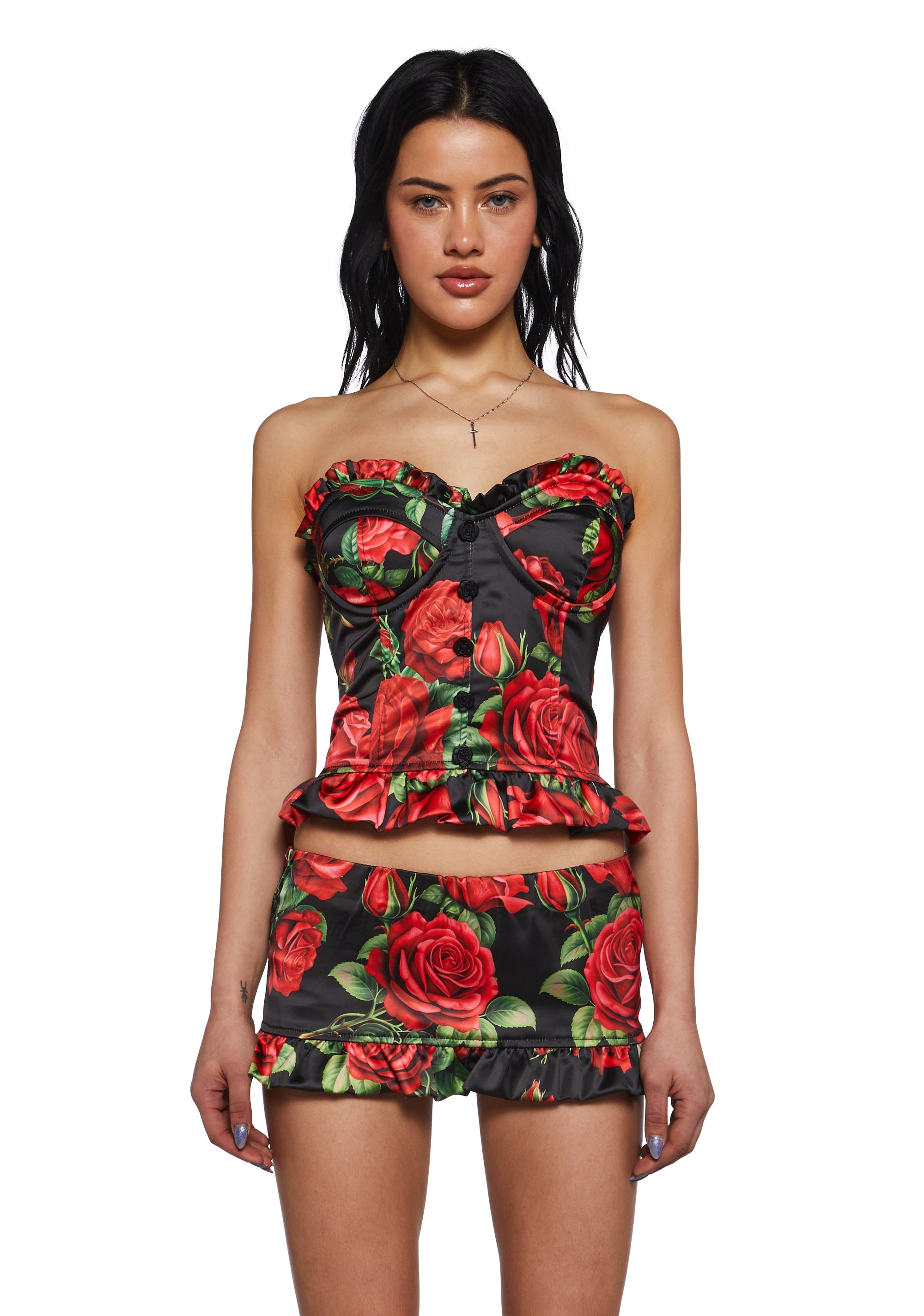Womens Satin Floral Ruffled Lace-Up Corset Top Sugar Thrillz