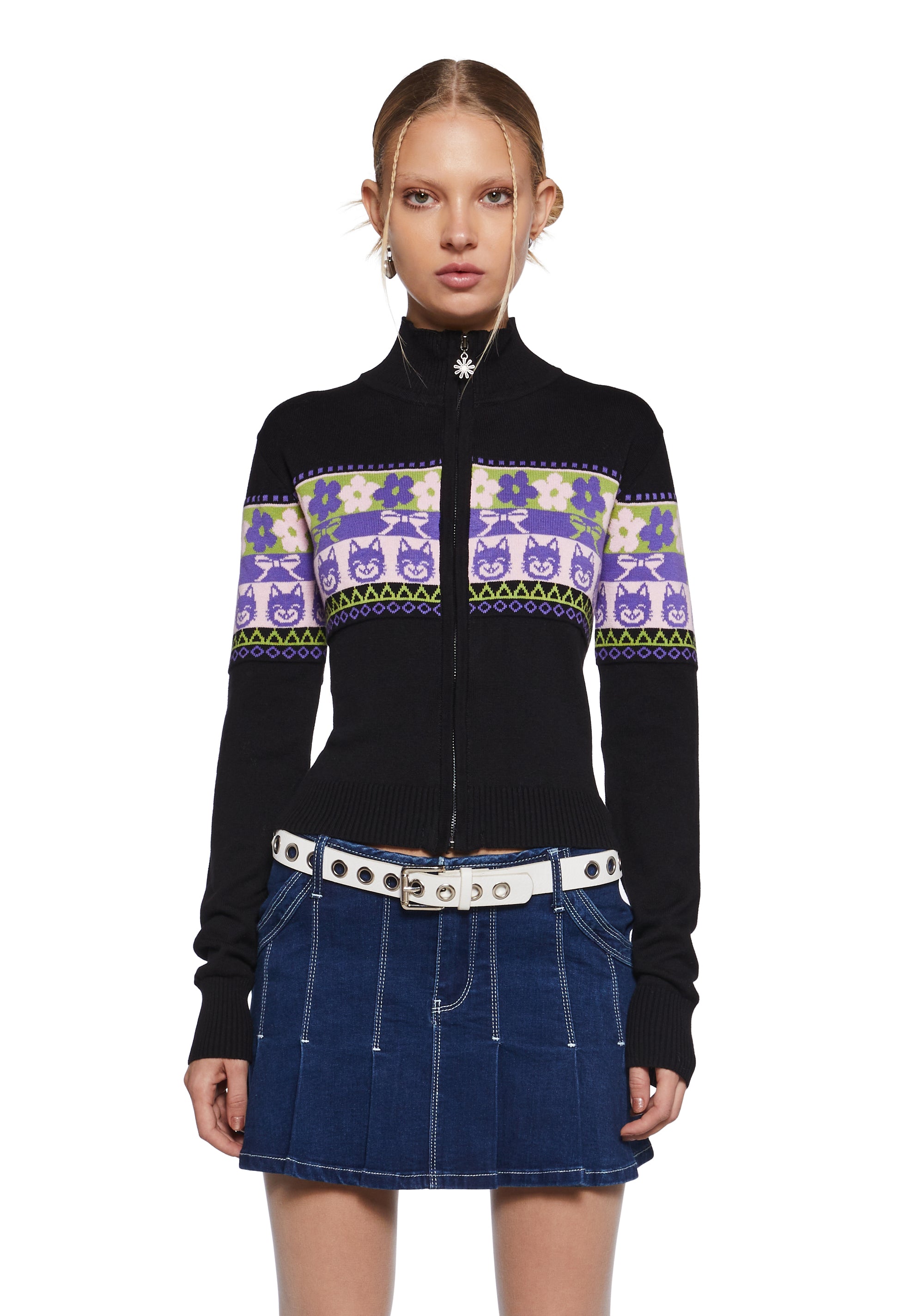 Striped Fairisle Long Sleeve Zip Up Sweater Delia's - Multi
