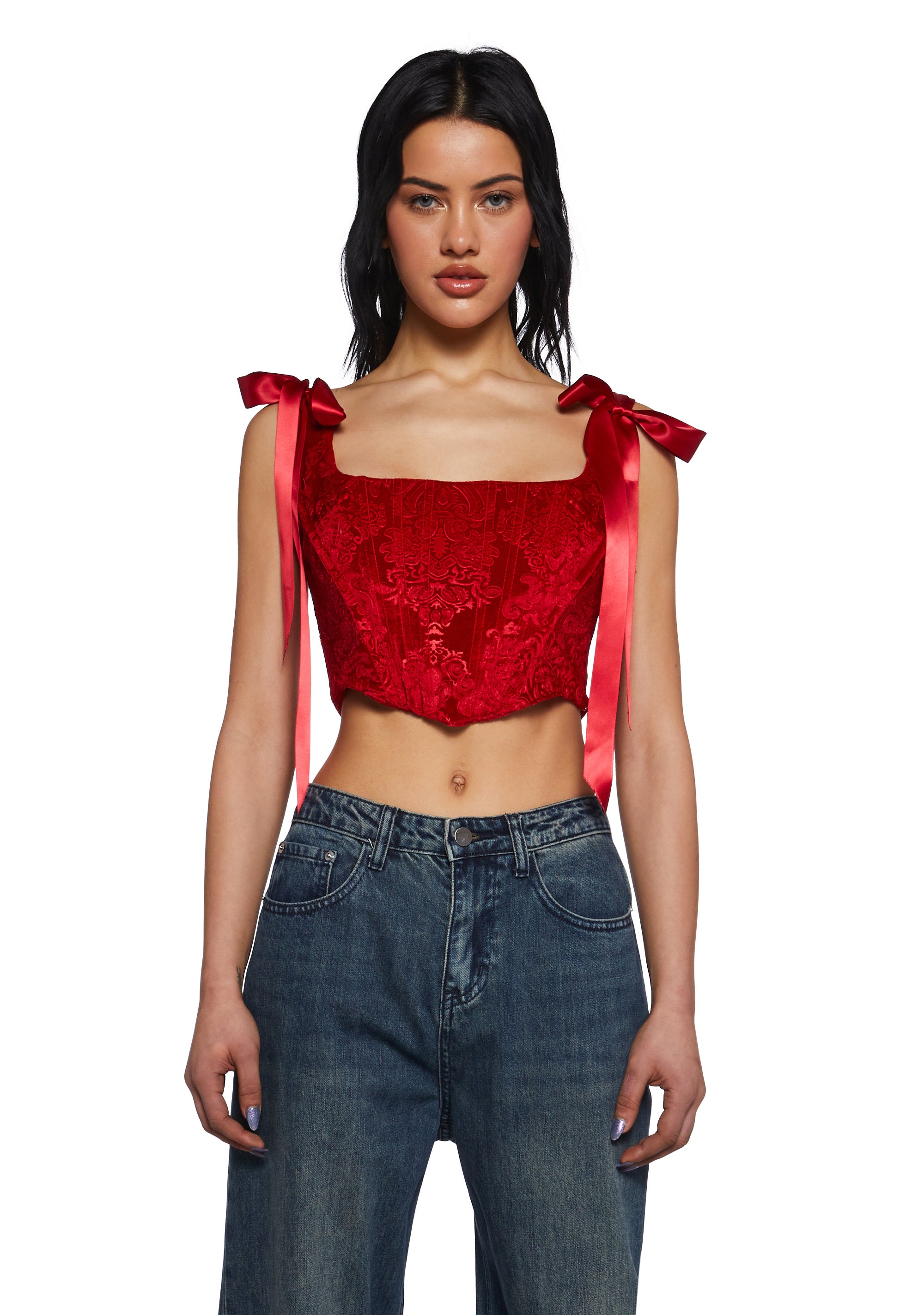 Womens Velvet Embossed Corset Top Christmas Sugar Thrillz - Red