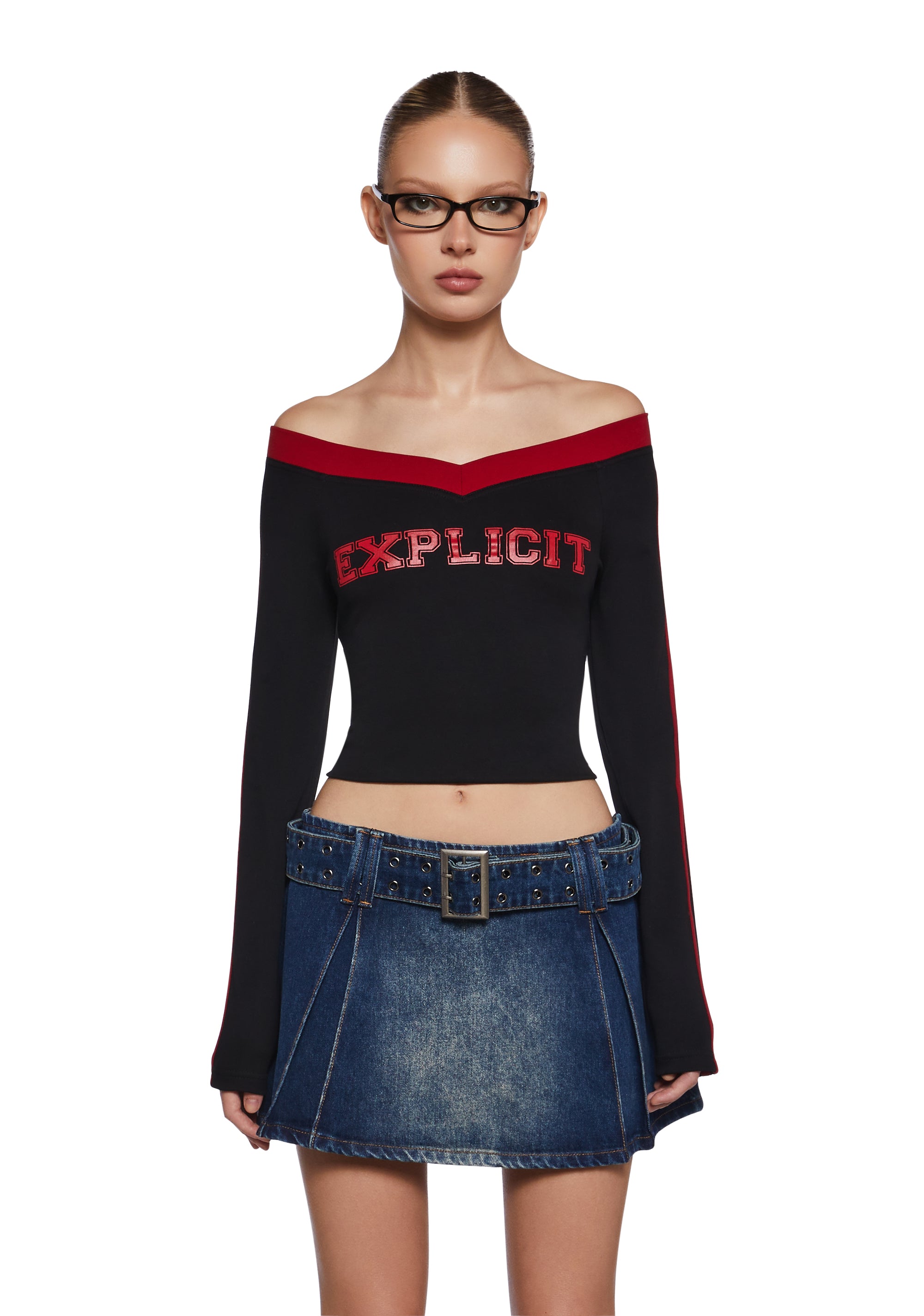 Stretchy Knit Wide Boat Neckline Explicit Graphic Long