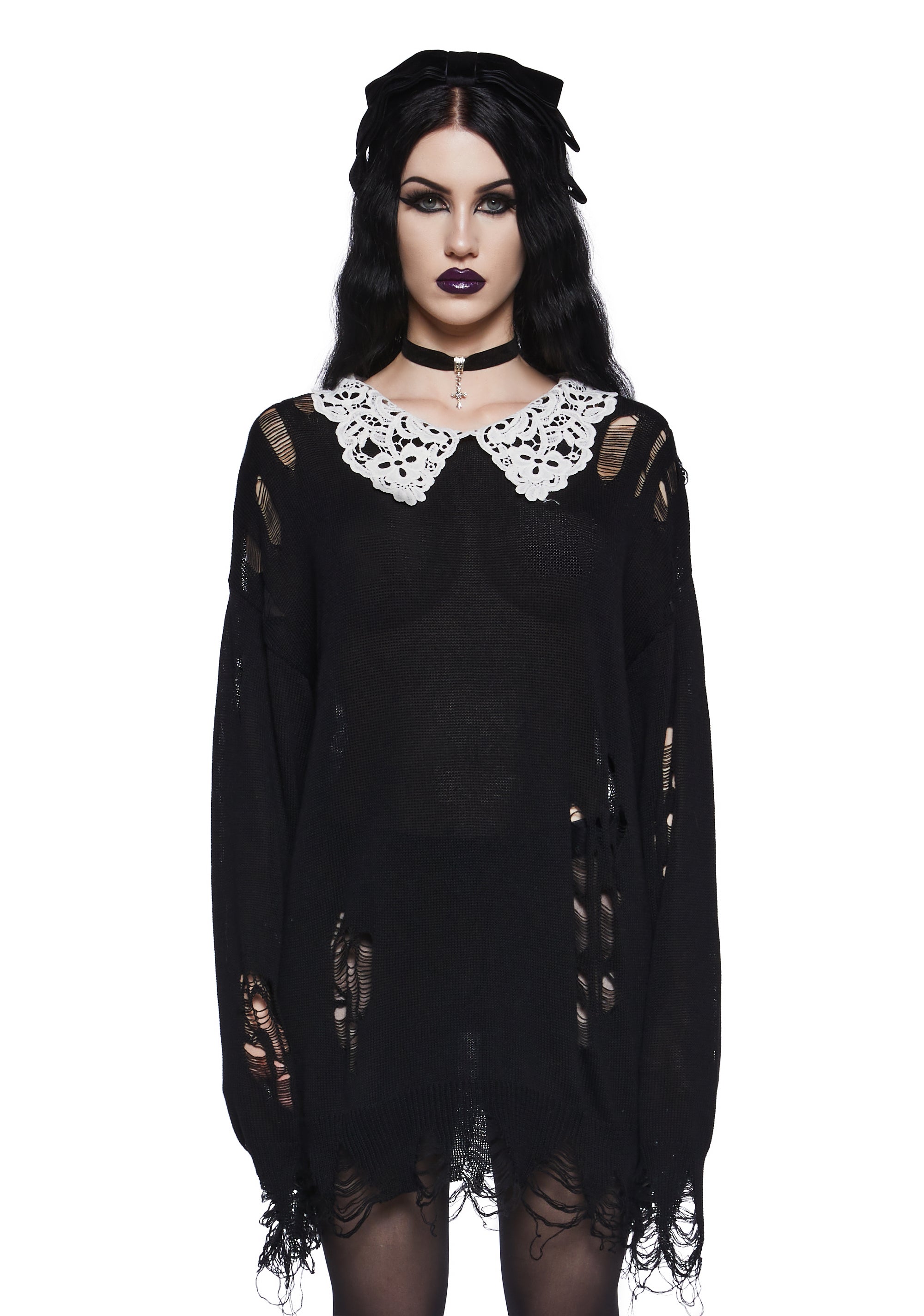 Distressed Knit Chantilly Lace Peter Pan Collar Oversized Sweater