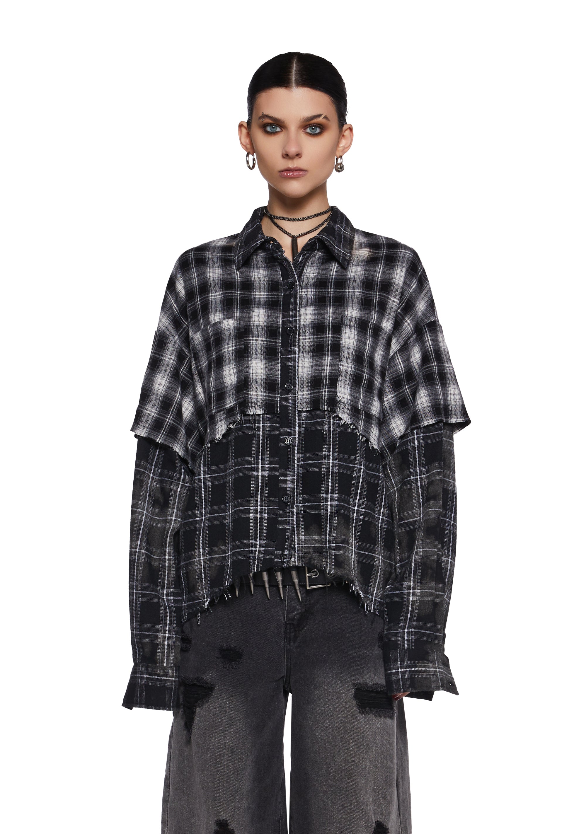 魅力的な Distressed Wavs Darker Top Sleeve Long Flannel Layered トップス