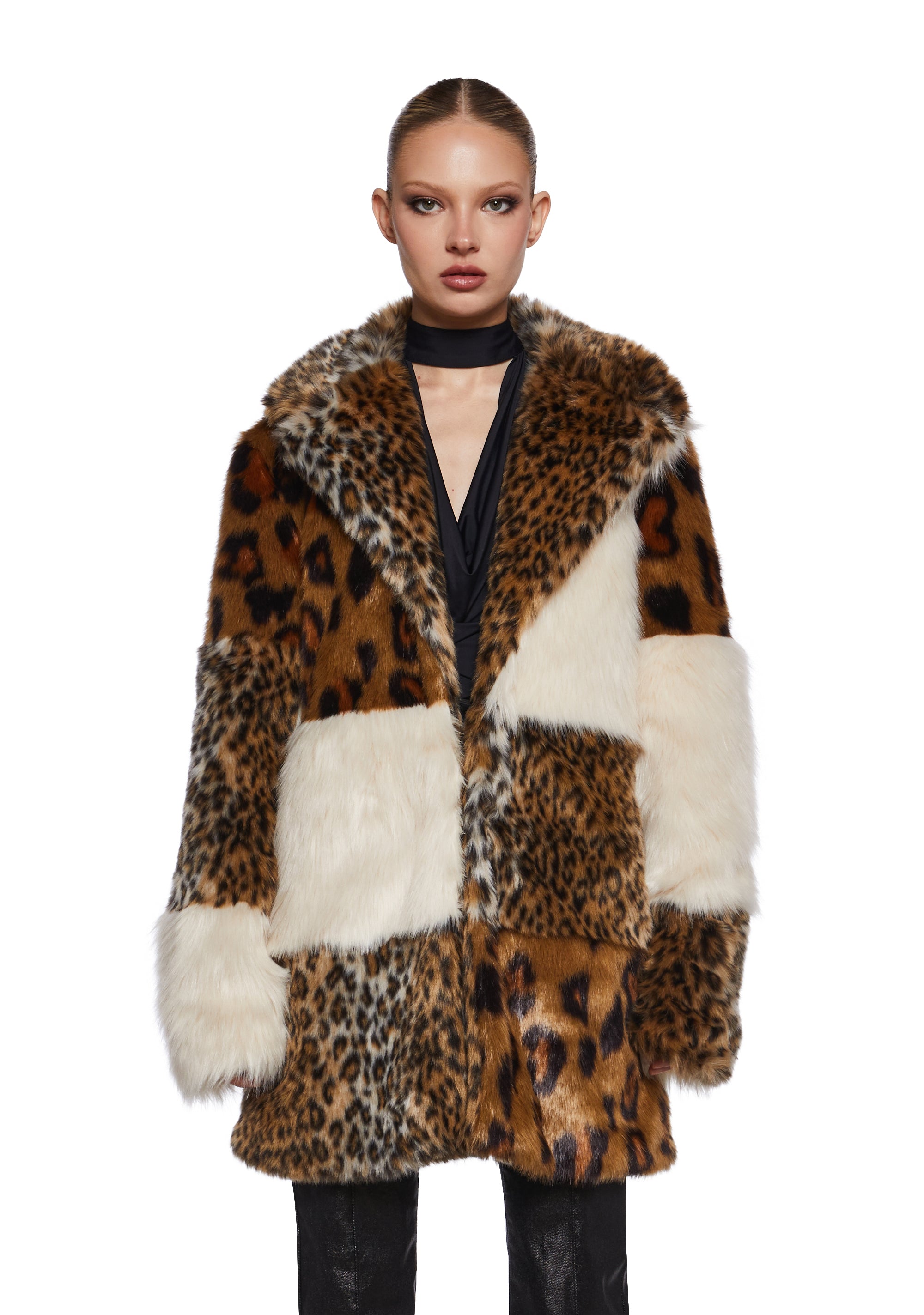 Leopard Cheetah Print Patchwork Faux Fur Coat Current Mood Multi Dolls Kill