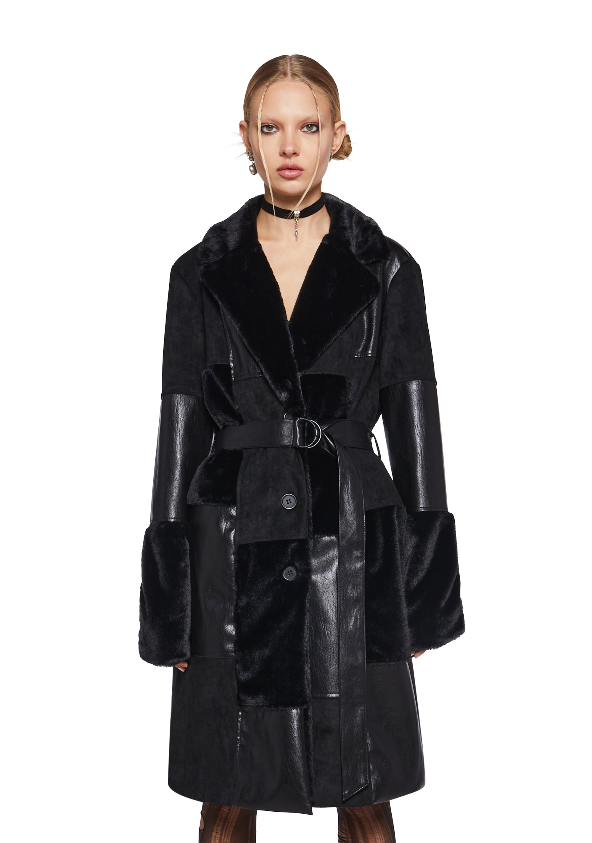 Vegan Leather Faux Suede Faux Fur Patchwork Coat Current