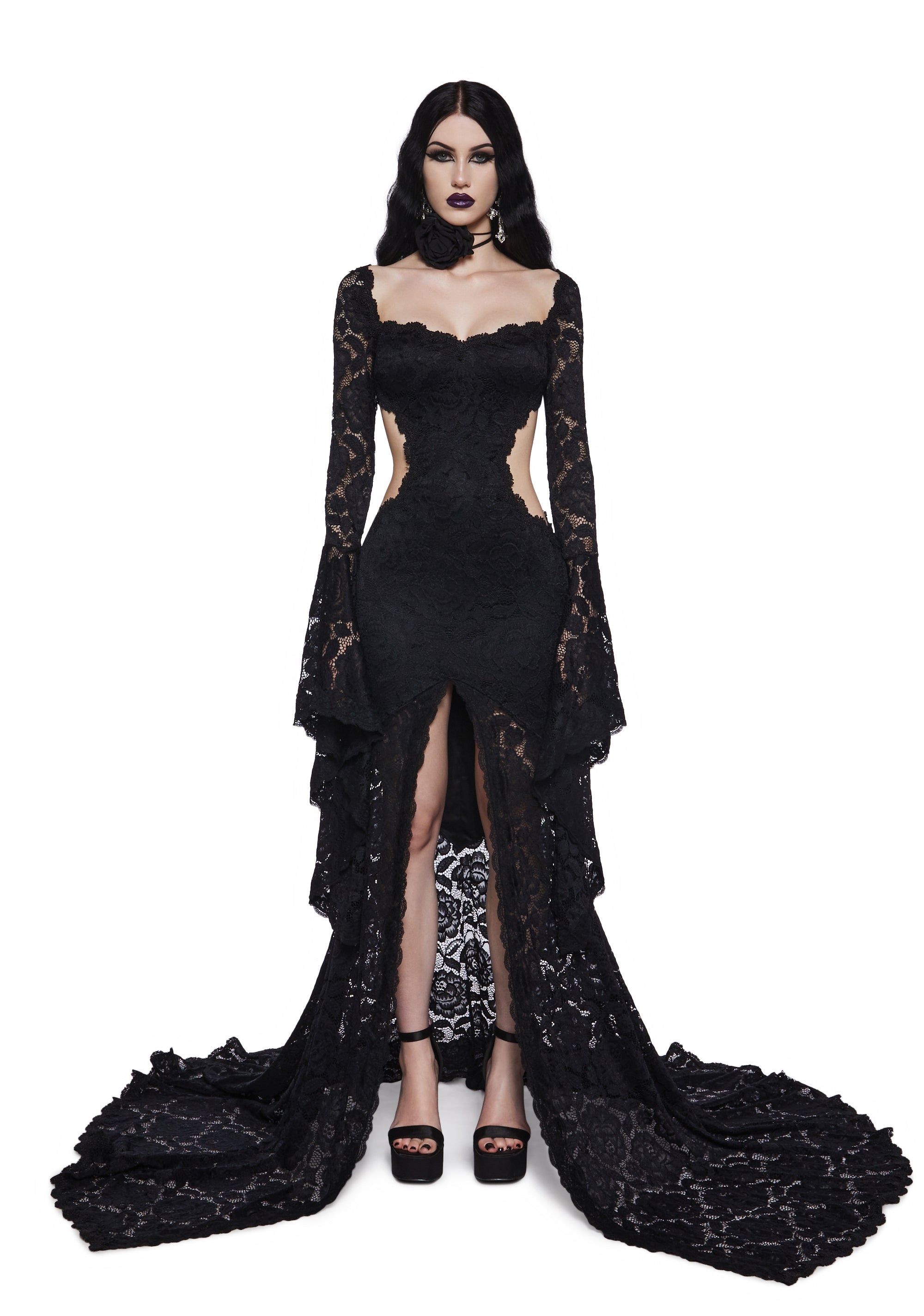 Womens Lace Maxi Dress With Cut Outs Prom Widow - Black Womens Lace Maxi Dress With Cut Outs Prom Widow - Black