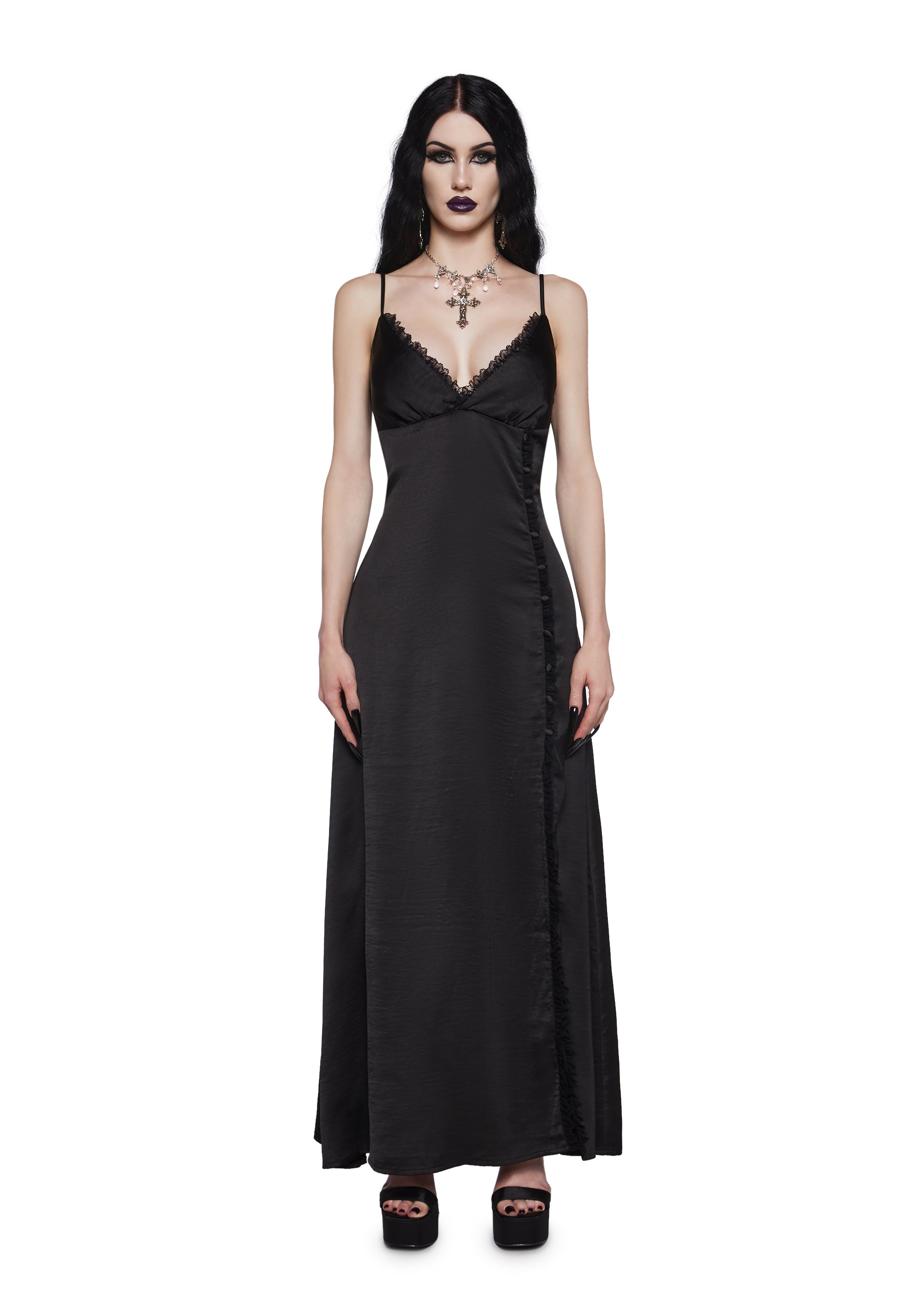 Matte Satin Lace V-Neckline Maxi Dress Widow - Black Dolls Kill Matte Satin Lace V-Neckline Maxi Dress Widow - Black Dolls Kill