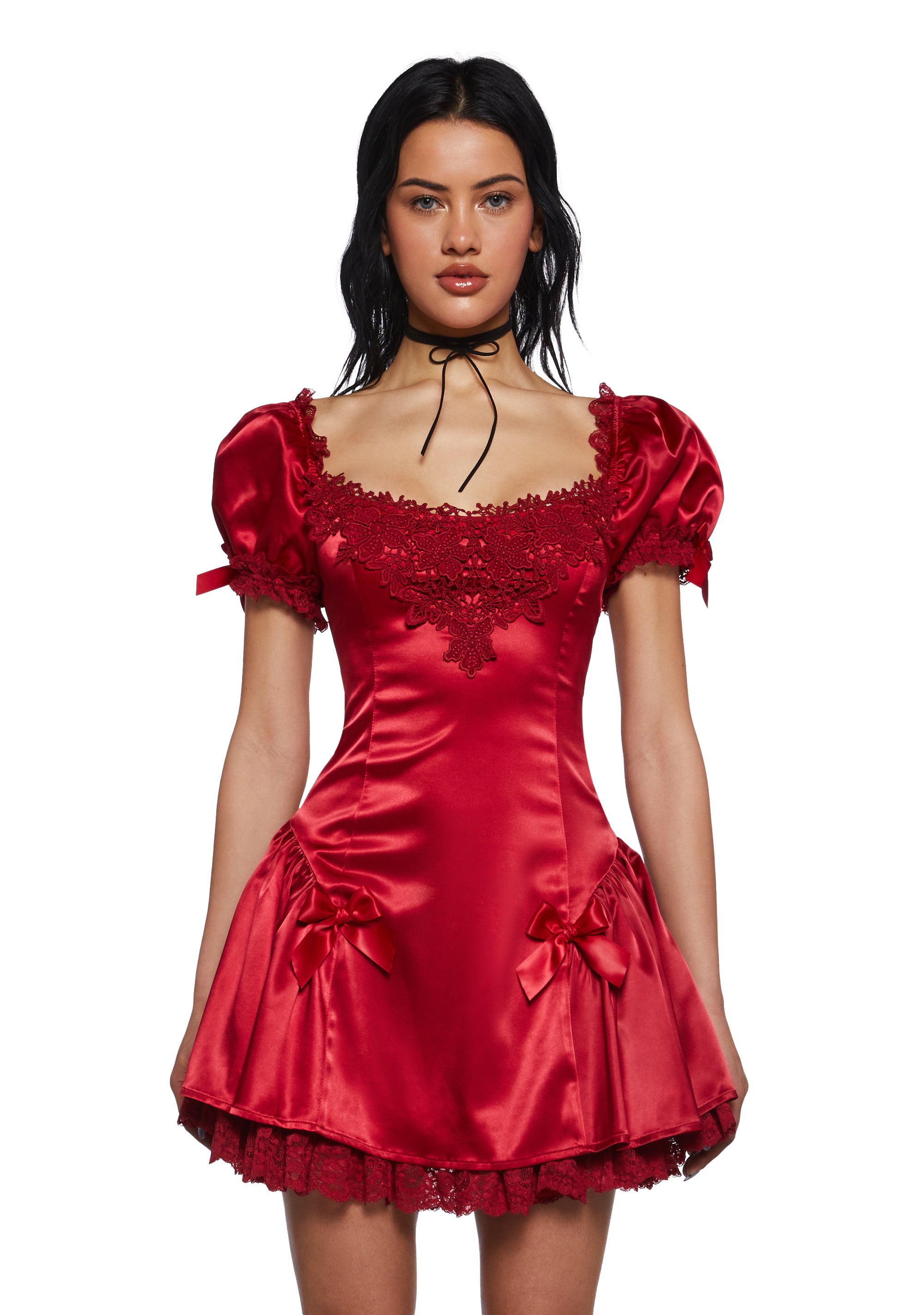 Matte Satin Embroidered Lace Short Puff Sleeve Lace-Up Mini Dress Sugar Thrillz - Red Dolls Kill Matte Satin Embroidered Lace Short Puff Sleeve Lace-Up Mini Dress Sugar Thrillz - Red Dolls Kill
