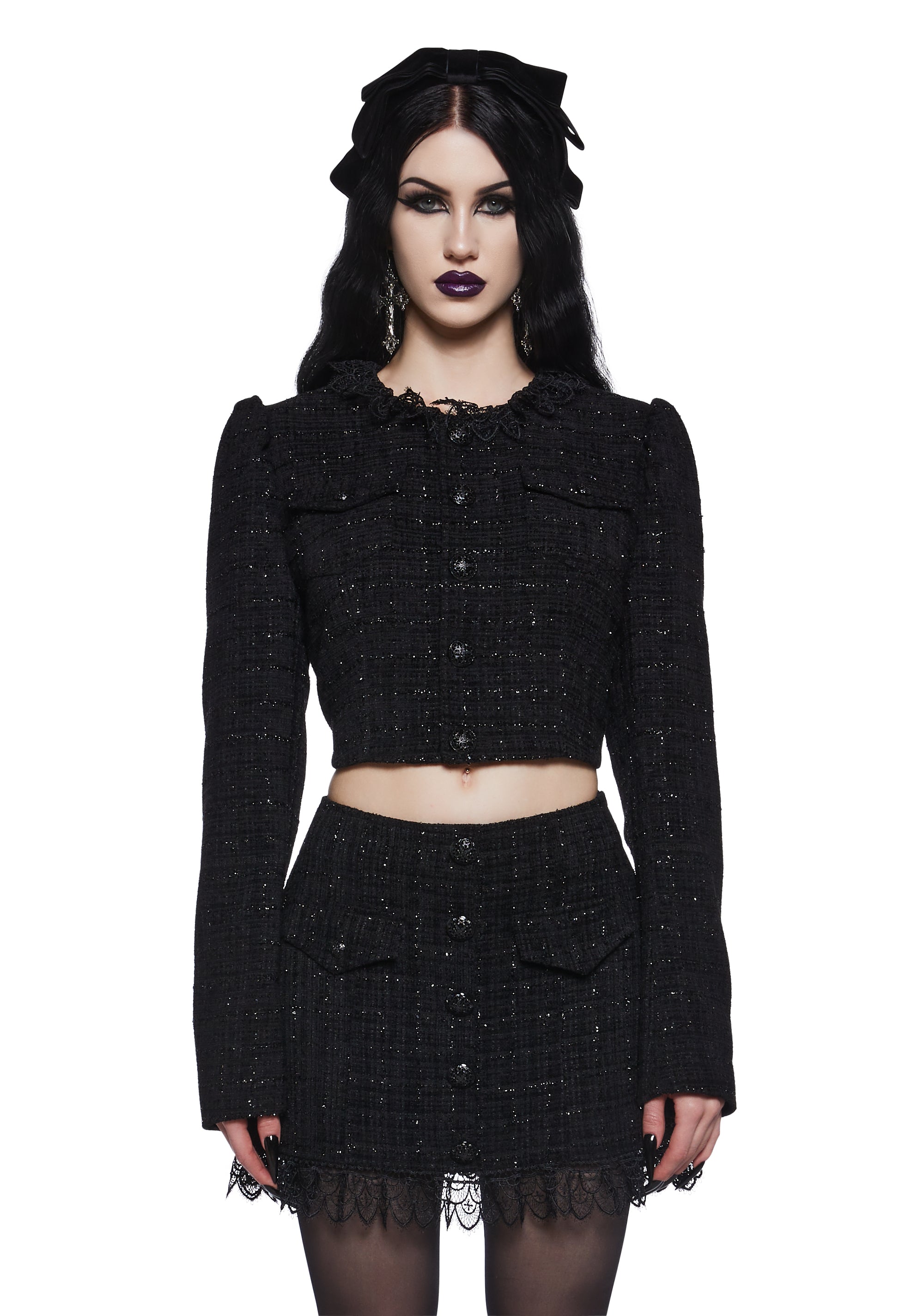 Womens Sexy Tweed Glitter Cropped Blazer Widow Black – Dolls Kill