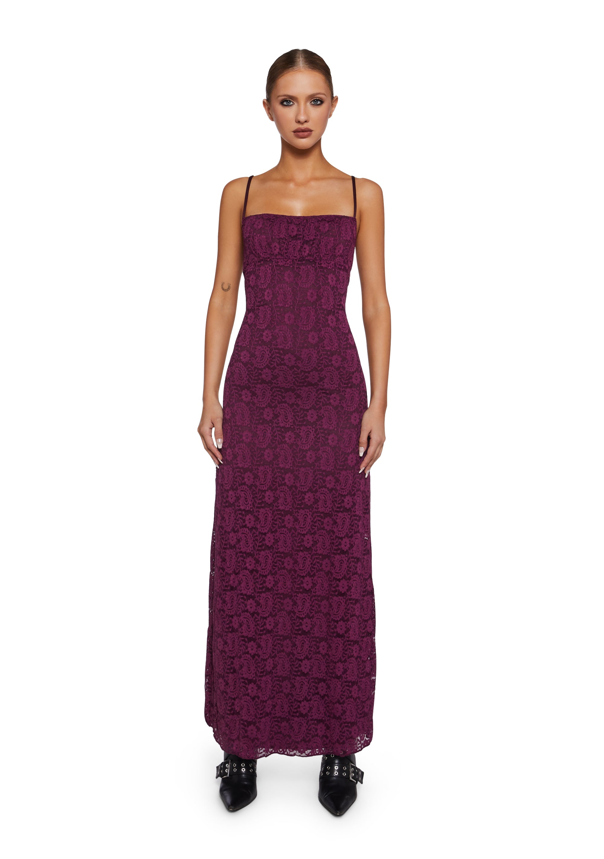 Motel Paisley Lace Bodycon Maxi Dress - Dark Red Motel Paisley Lace Bodycon Maxi Dress - Dark Red