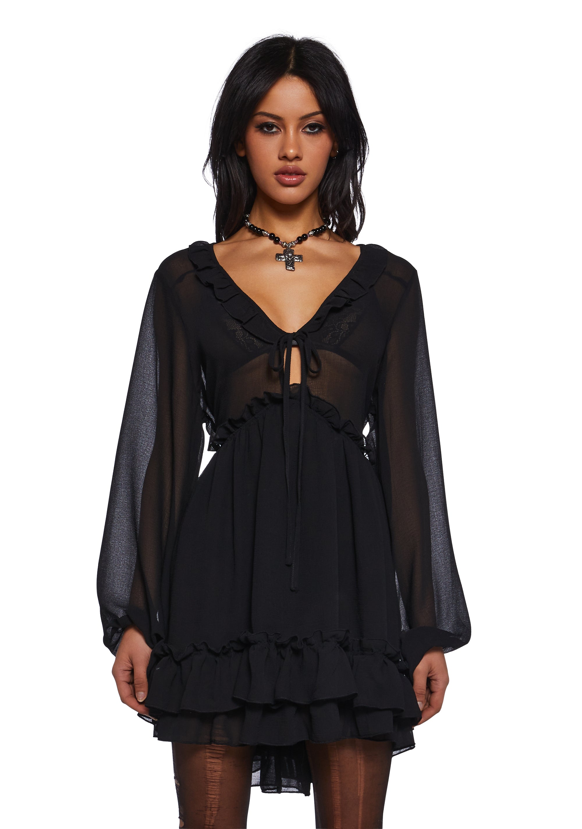 ワンピース overdue flair : 25SS / COTTON BABY DOLL DRESS (BLACK) Current Mood Sheer Chiffon Ruffled Babydoll Dress - Black