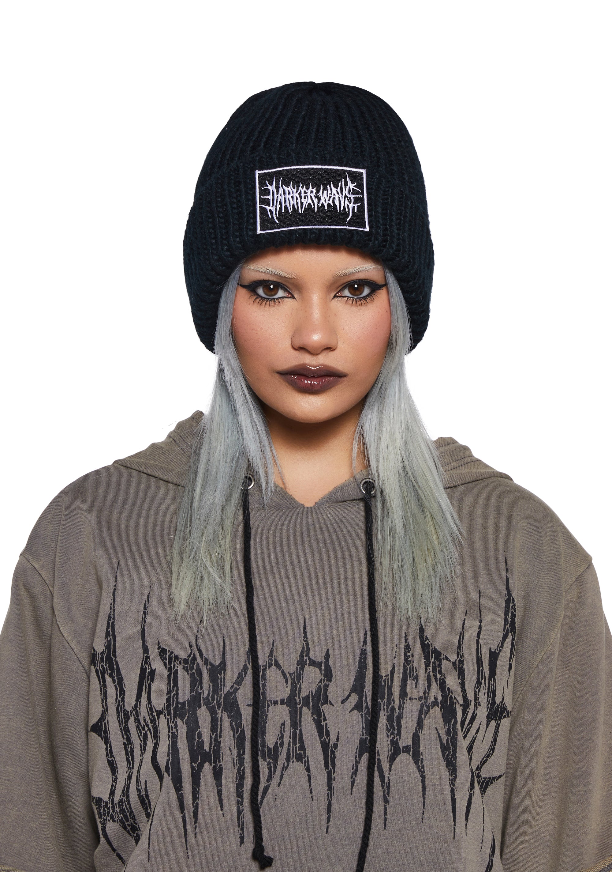 Chunky Acrylic Knit Logo Patch Beanie Darker Wavs - Black – Dolls Kill