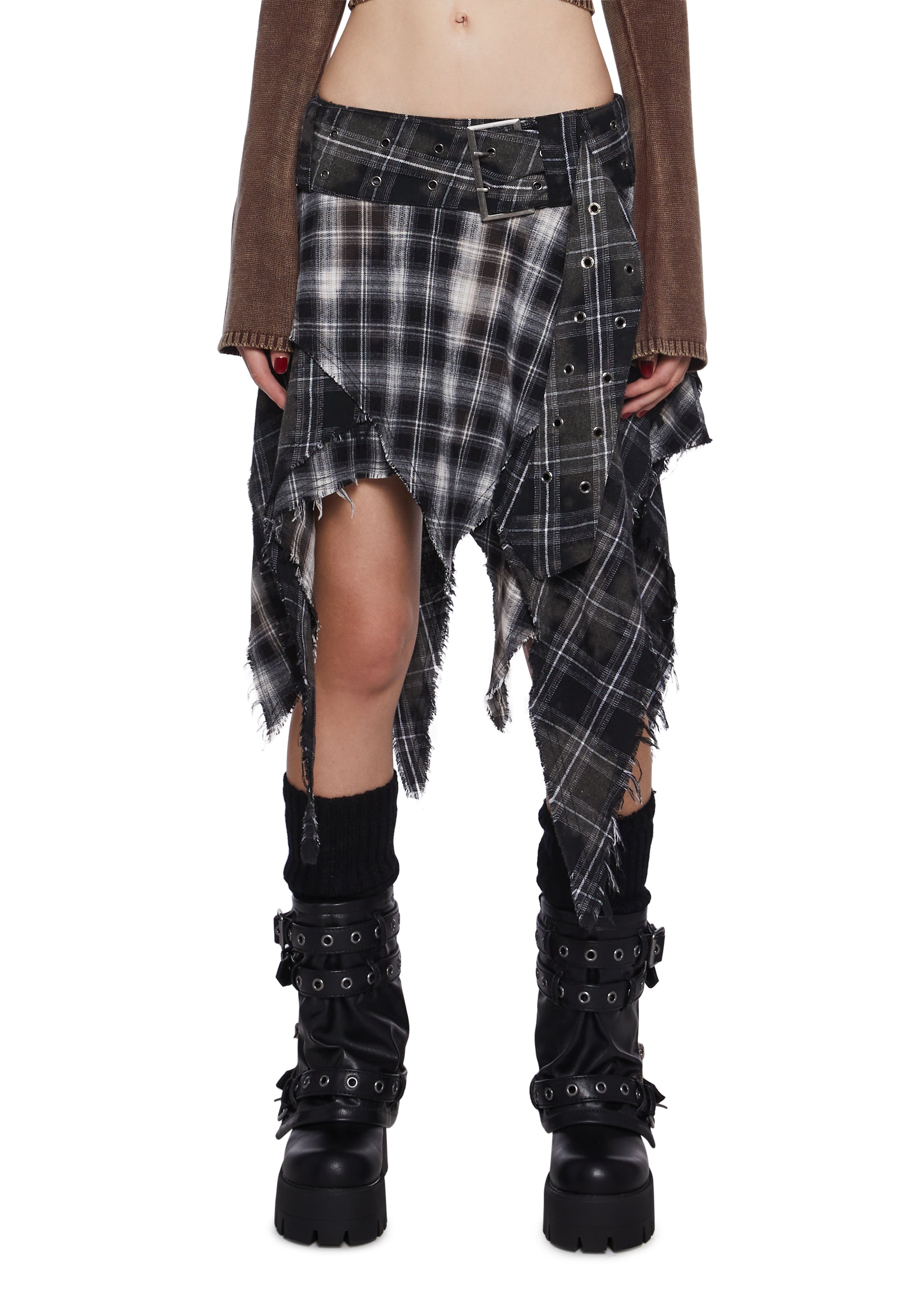 Washed Cotton Plaid Layered Asymmetrical Midi Skirt Darker