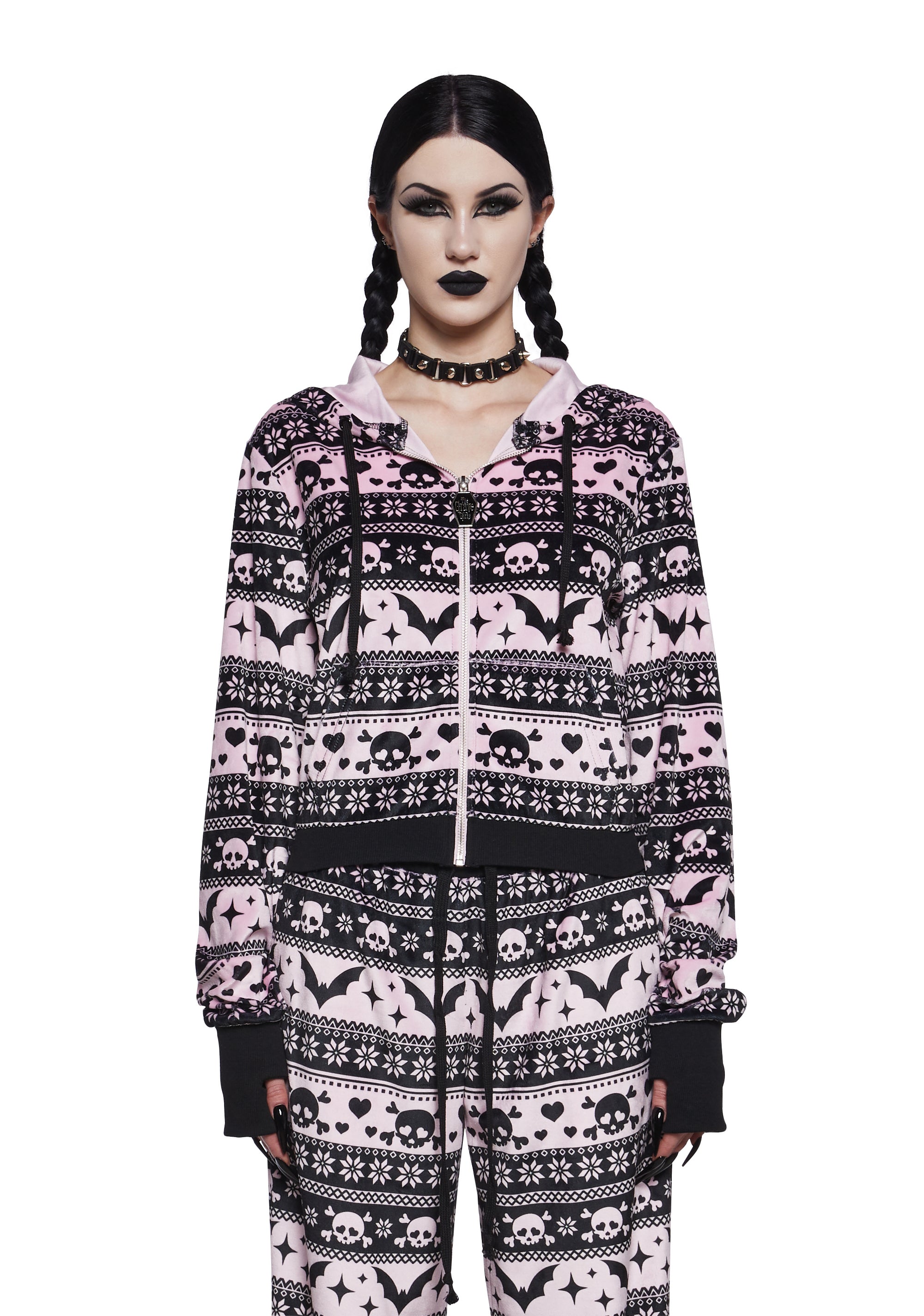 The Grave Girls Womens Fair Isle Skulls Bats Zip Up Hoodie - Multi