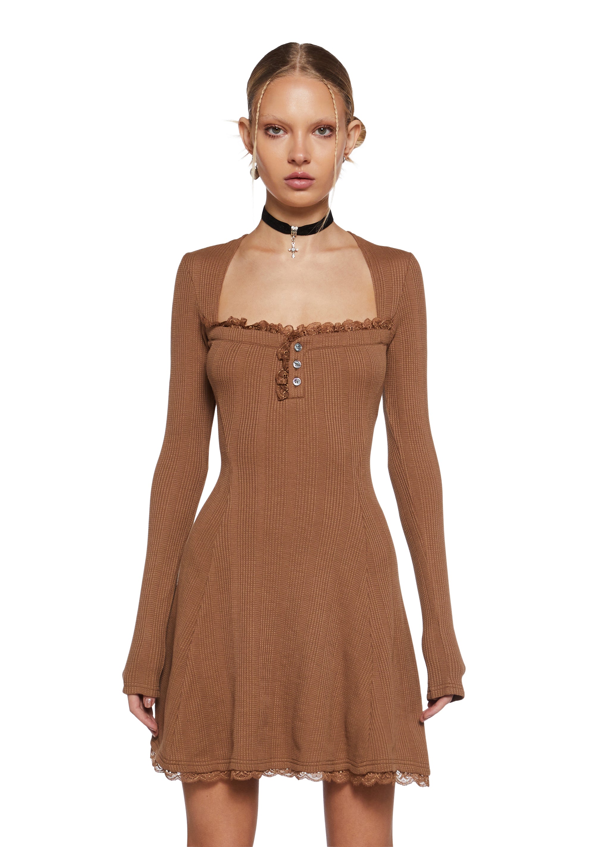 Thermal Long Sleeve Lace Mini Dress Delia's - Mid Century Date Thermal Dress 